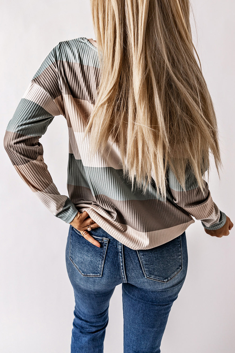 Women's Top with Color-Block Rib-Knitted Long-Sleeve