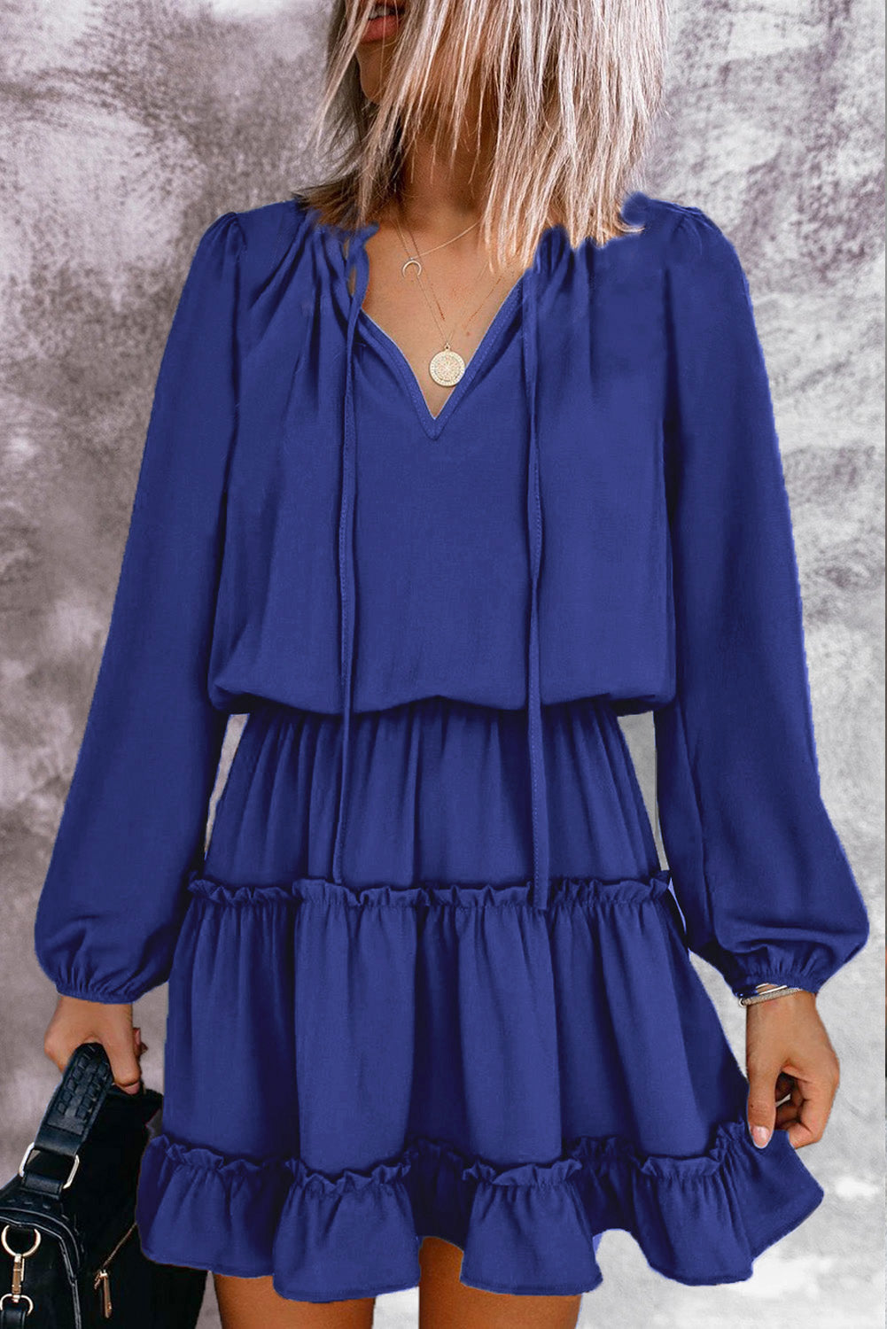 Long-Sleeved Ruffle V-Neck Ruffle Tiered Mini Dress
