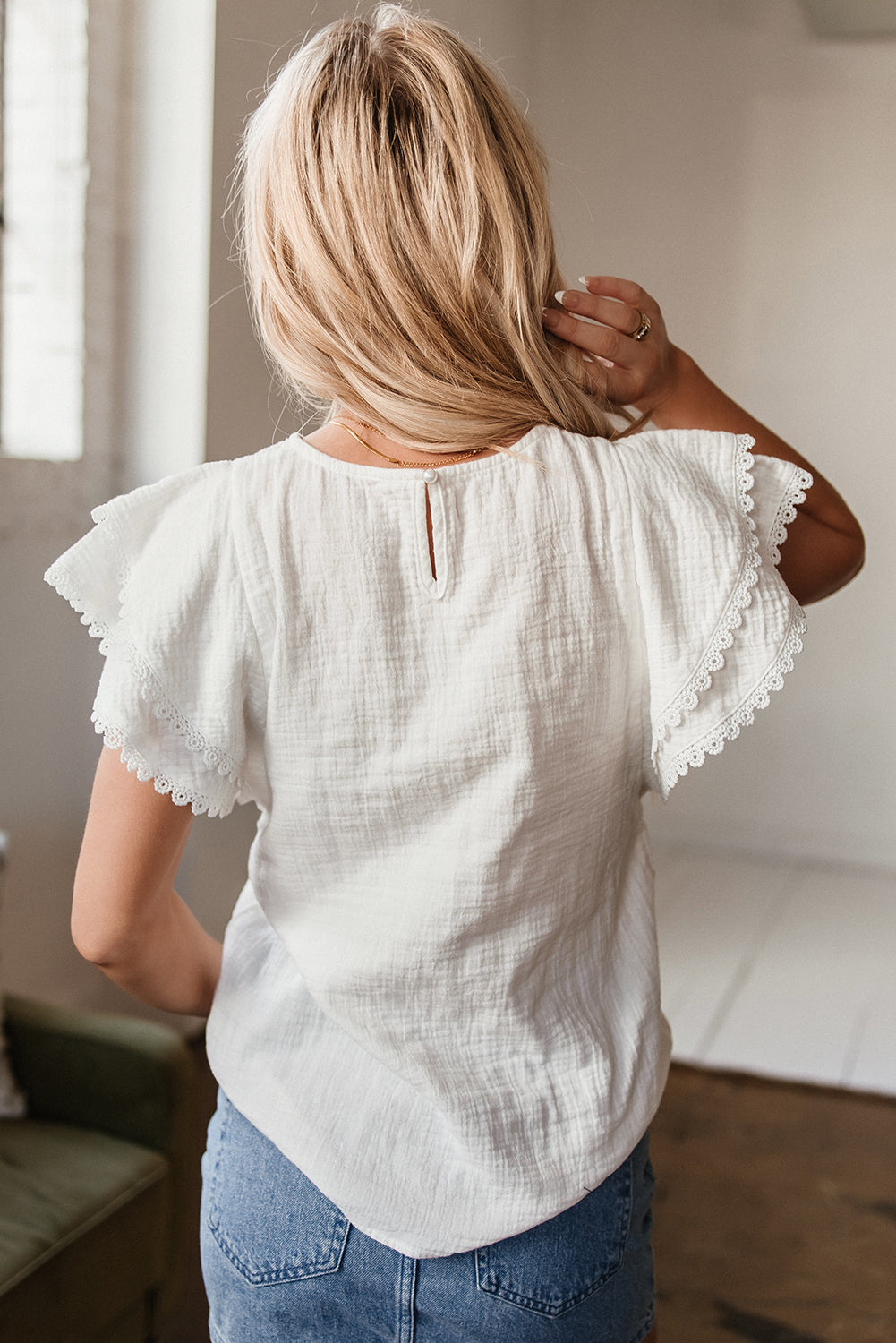 Crinkled Flutter Layered Ruffled Sleeve Blouse