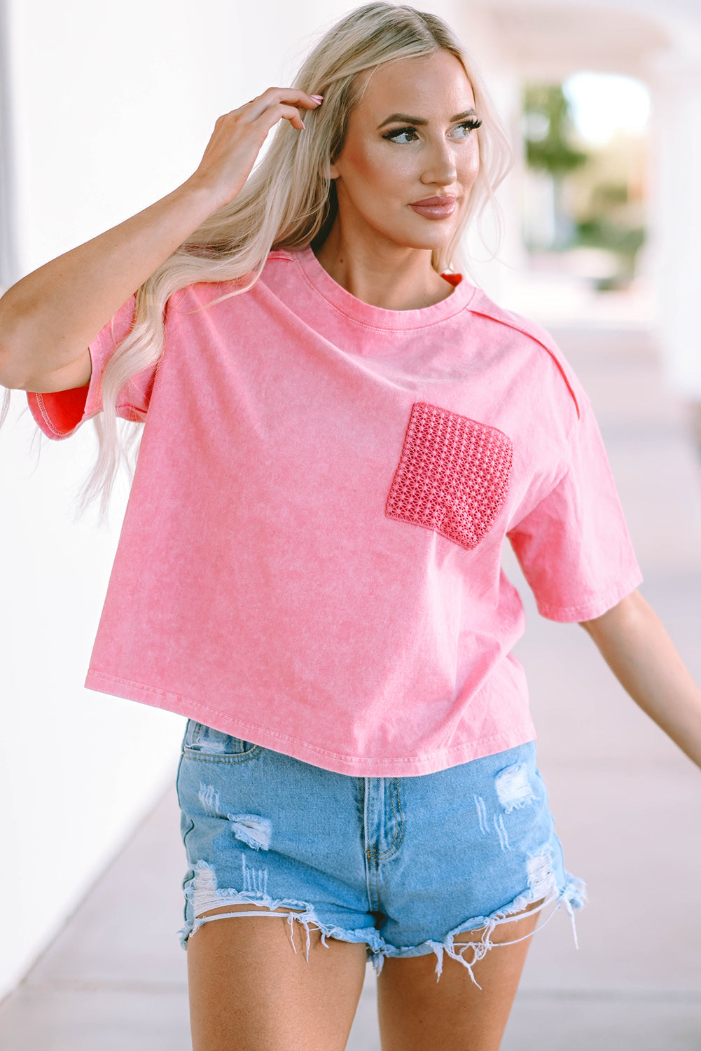 Women's T-shirt Featuring Lace-Trimmed Patch Pocket Acid Wash