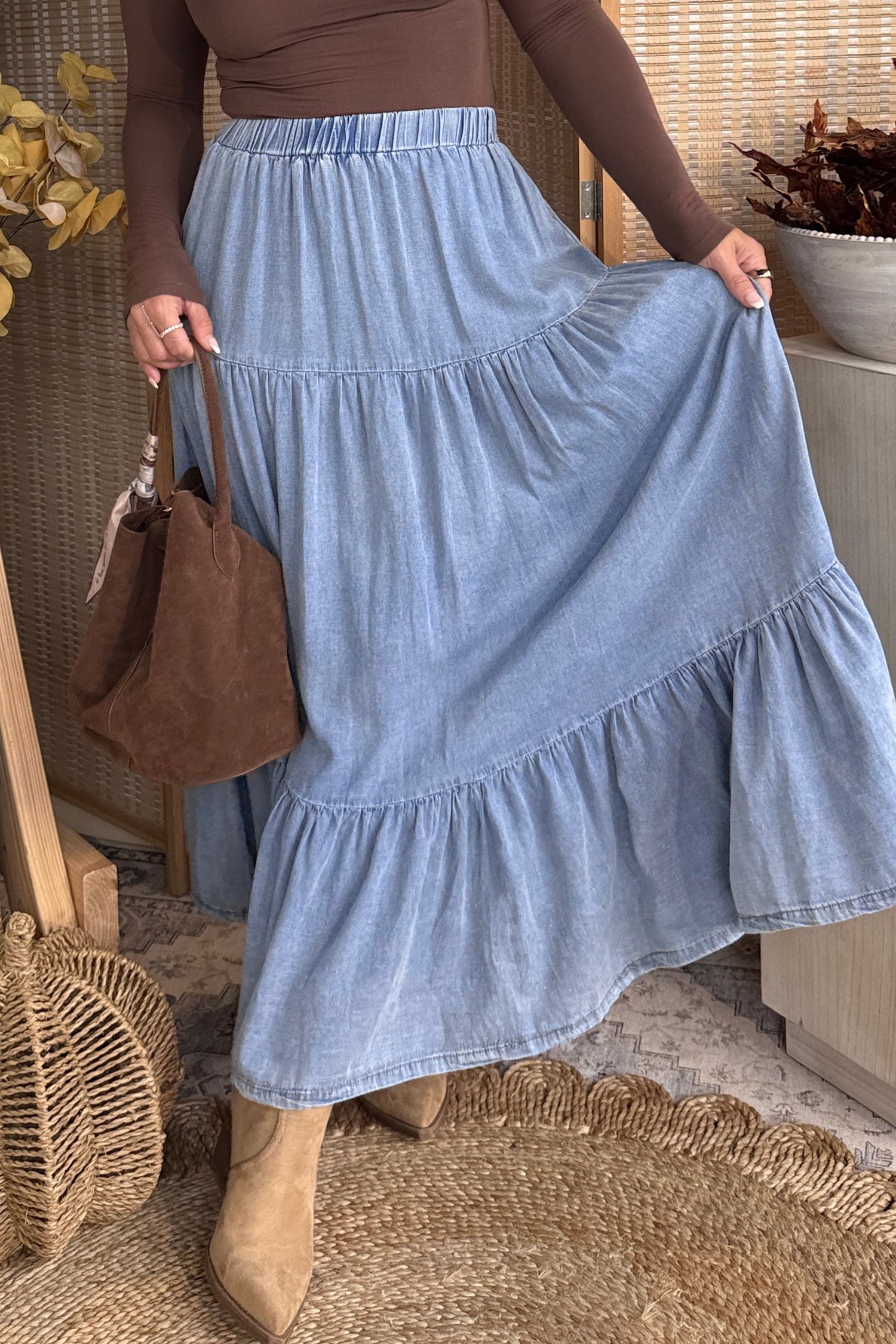 Elastic Waist Ruffled Tiered Flared Denim Maxi Skirt in Beau Blue
