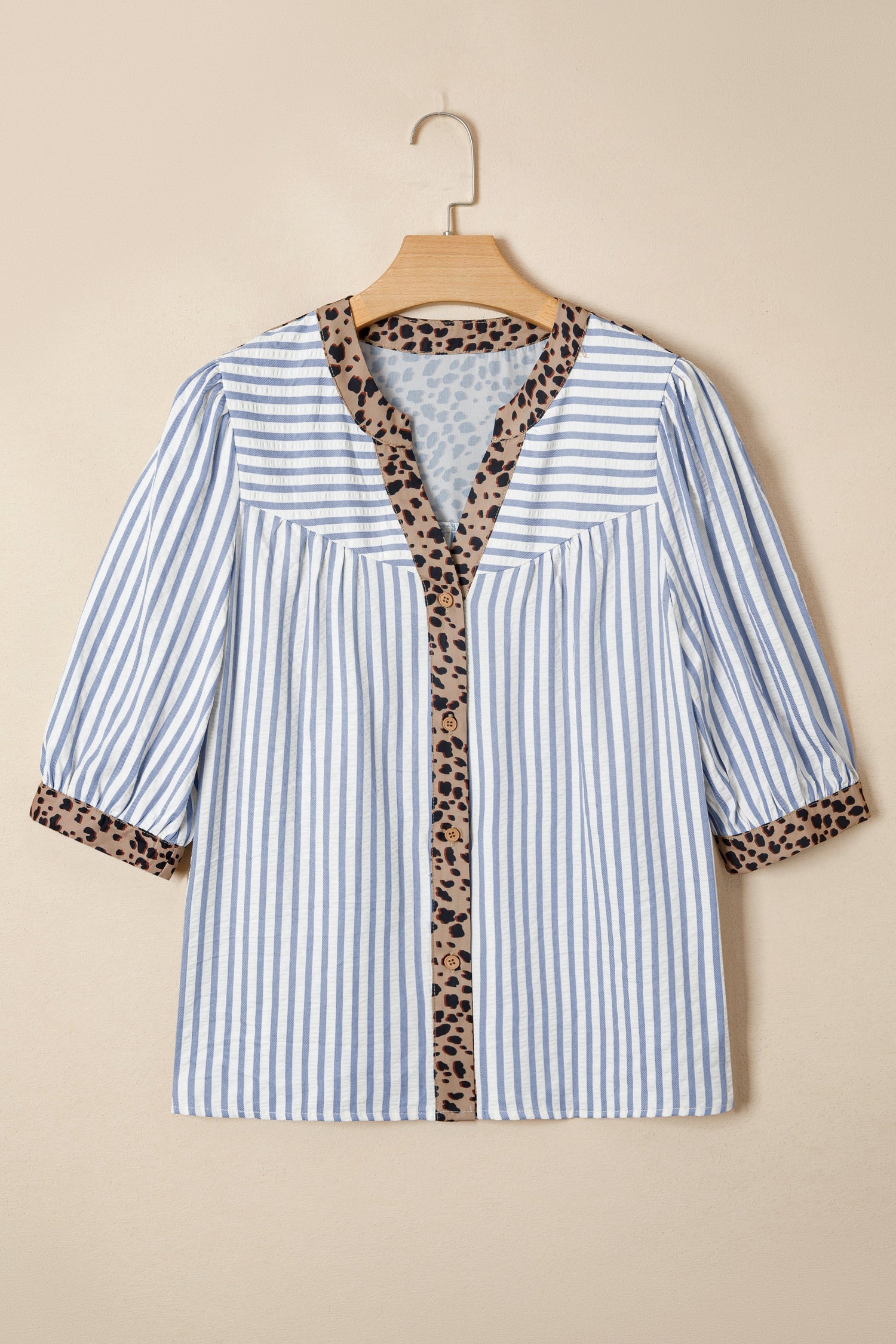 Leopard Trim V-Neck Button Down Half Sleeve Shirt
