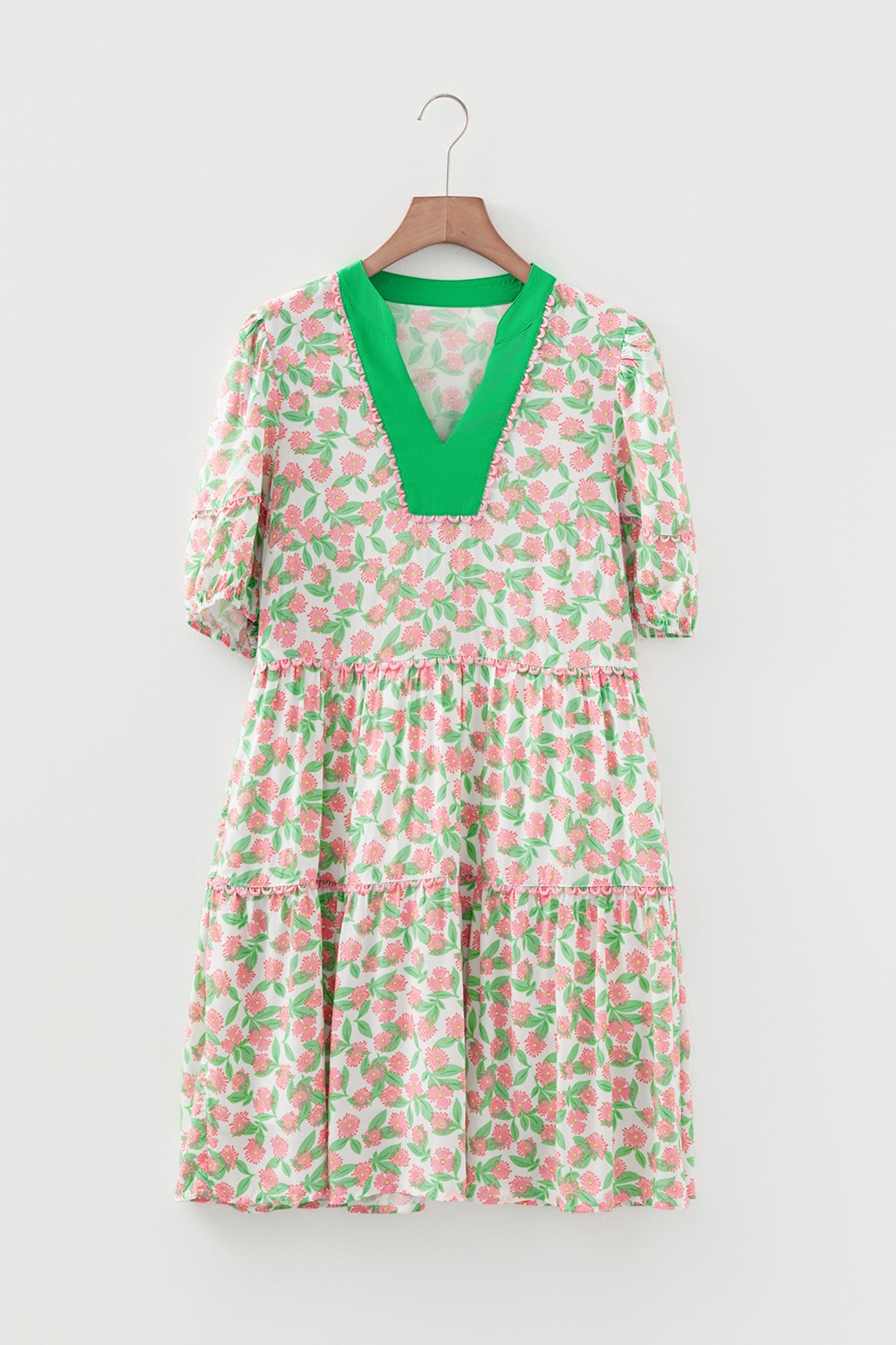 Ricrac Trim Pink Trim Floral Short Puff Sleeve Dress in Green