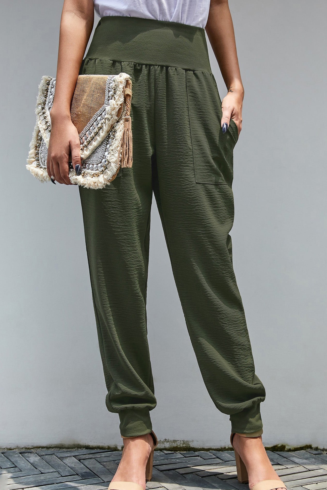 Women's Stretchy High Waistband Cotton Green Pocket-Detail Joggers
