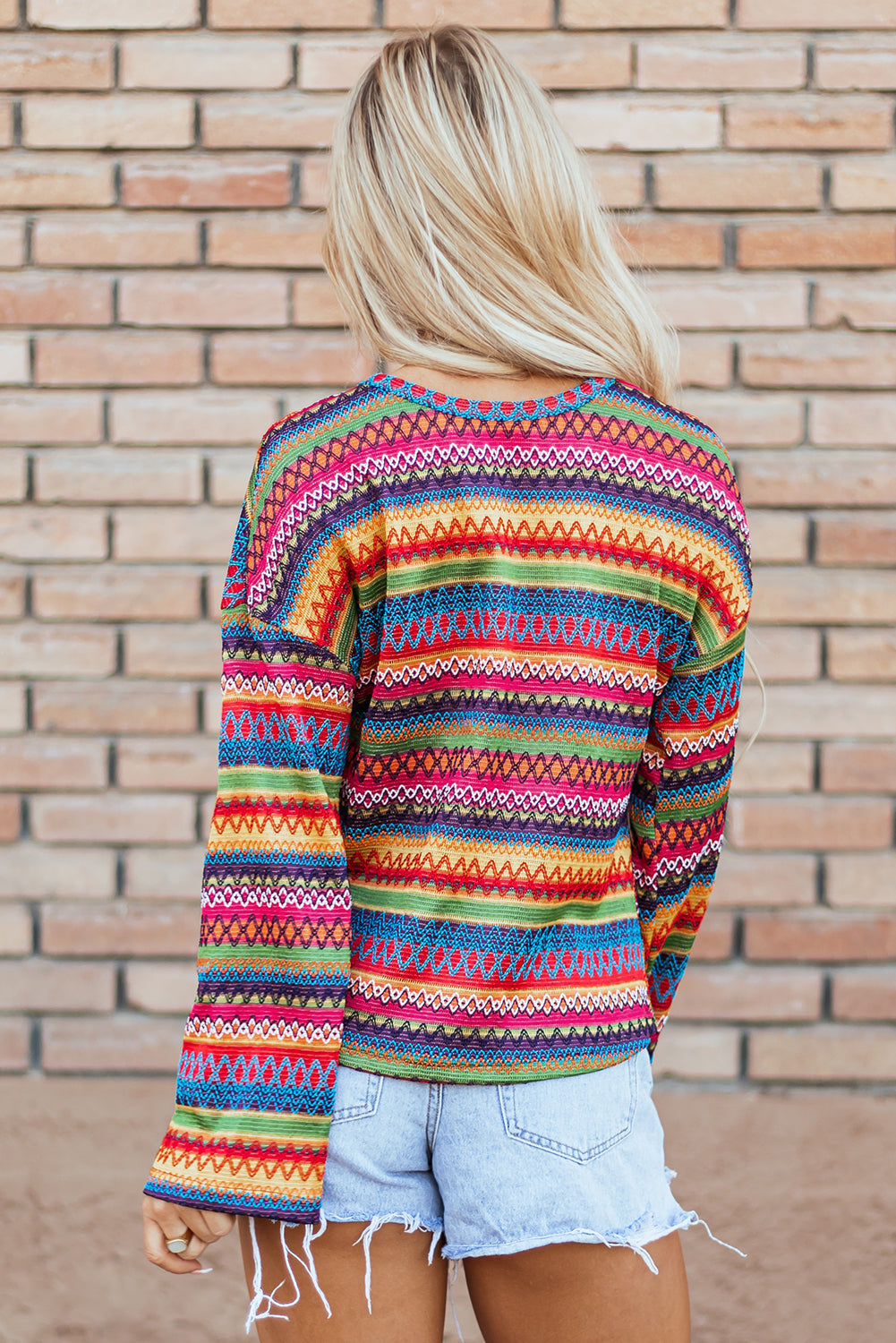 Jacquard Geo Long-Sleeved T Shirt in Multicolor
