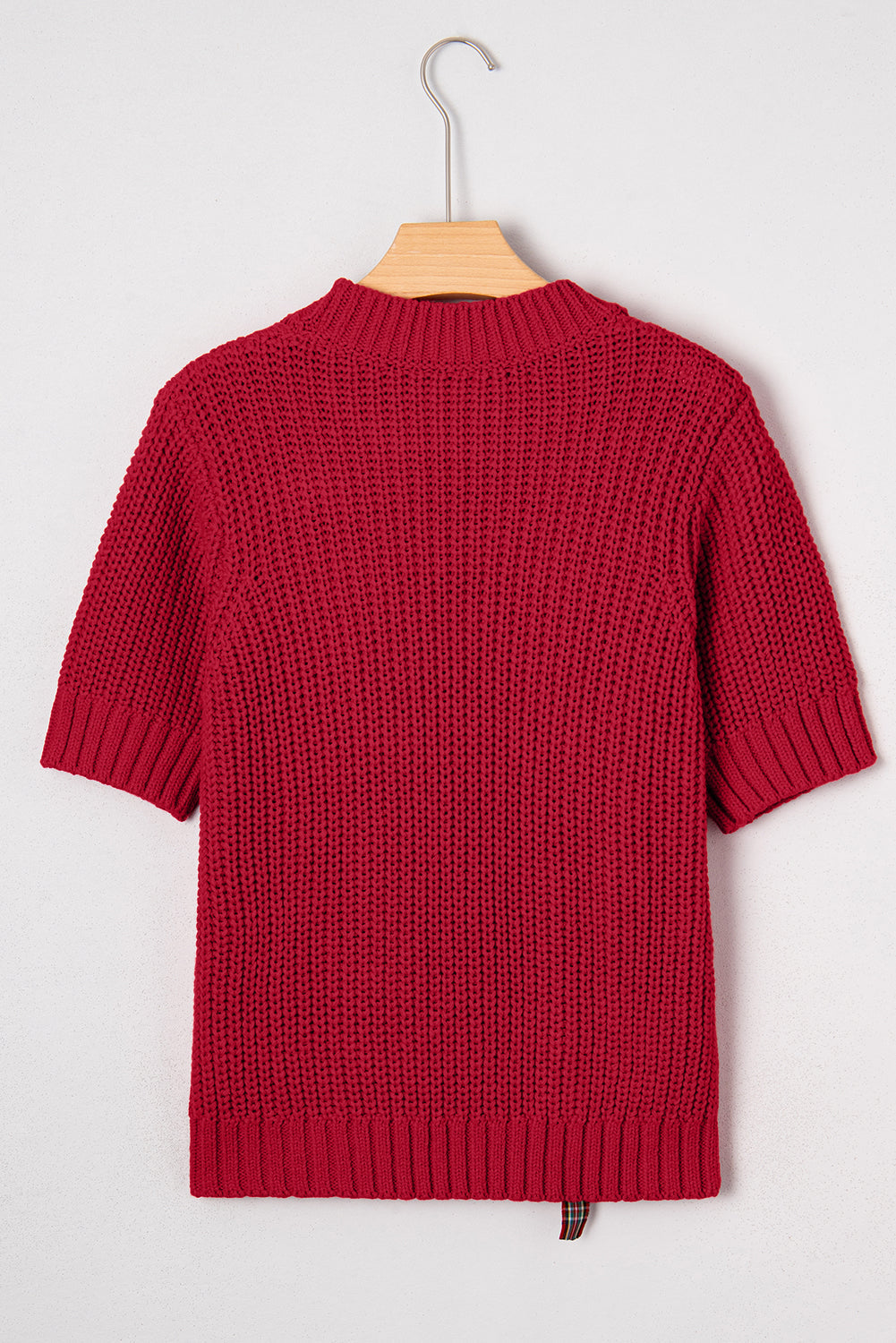 up Plaid Lace Detail Christmas Holiday Puff Short-Sleeved Knit Top