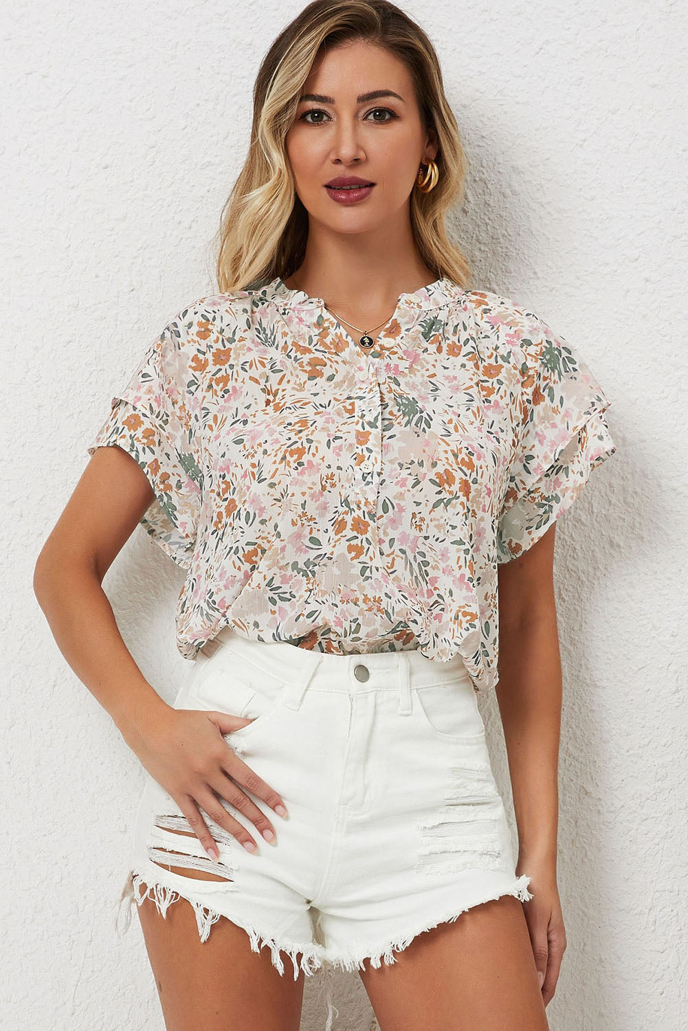 Women's Top with Multicolor Floral-Print Mandarin Collar