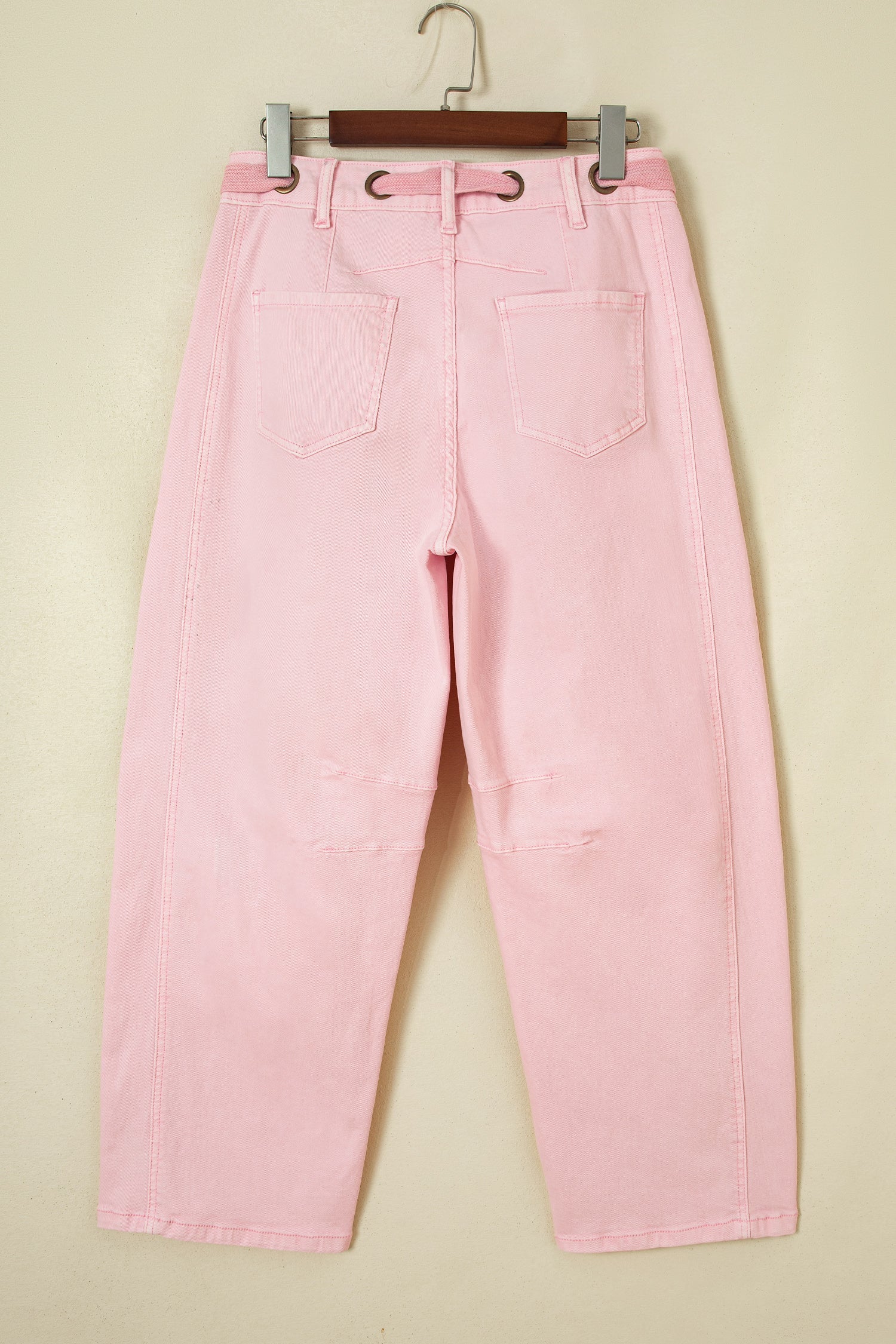 Grommet Detail Solid Detail Knot Waist Barrel Jeans in Light Pink