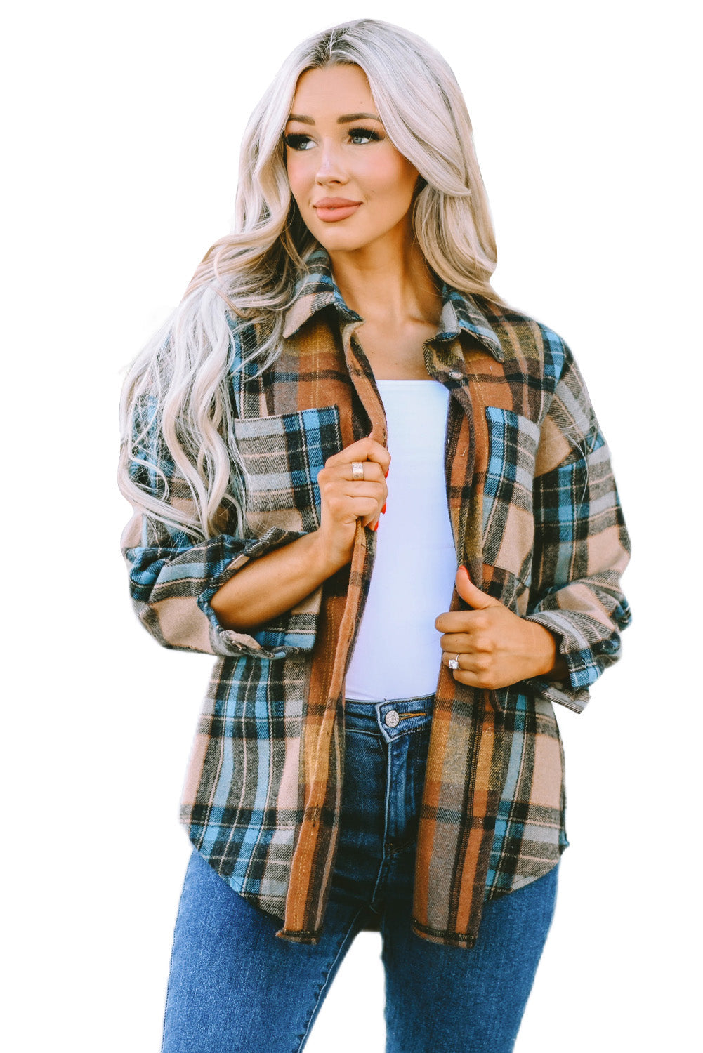 Women's Pockets Featuring Button-Front Shirt with Plaid Color-Block