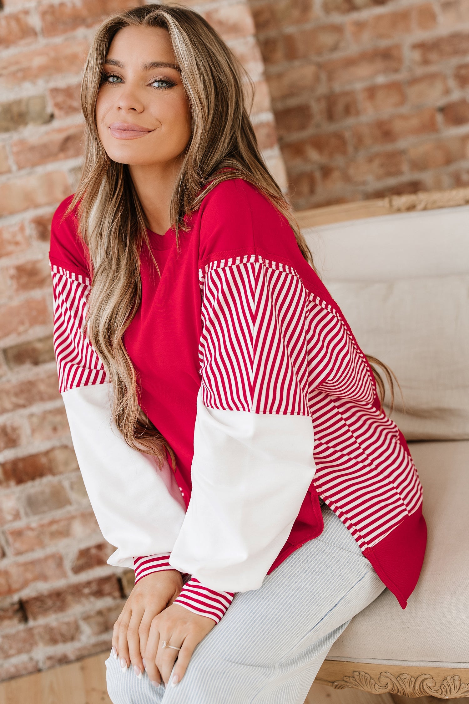 Striped Patchwork Sleeve Colorblock Sweatshirt