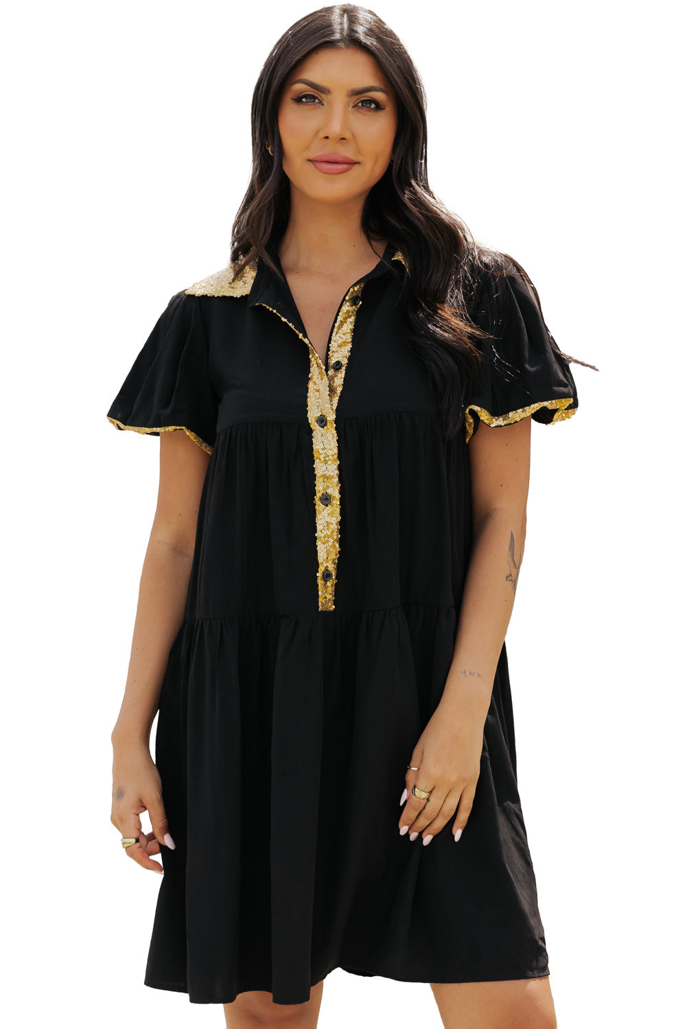 Women's Bubble Sleeve Sequin Trim Shirt Dress