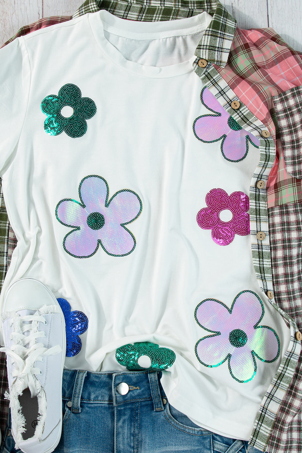 T Shirt for Women Sequined Flower Pattern Round Neck