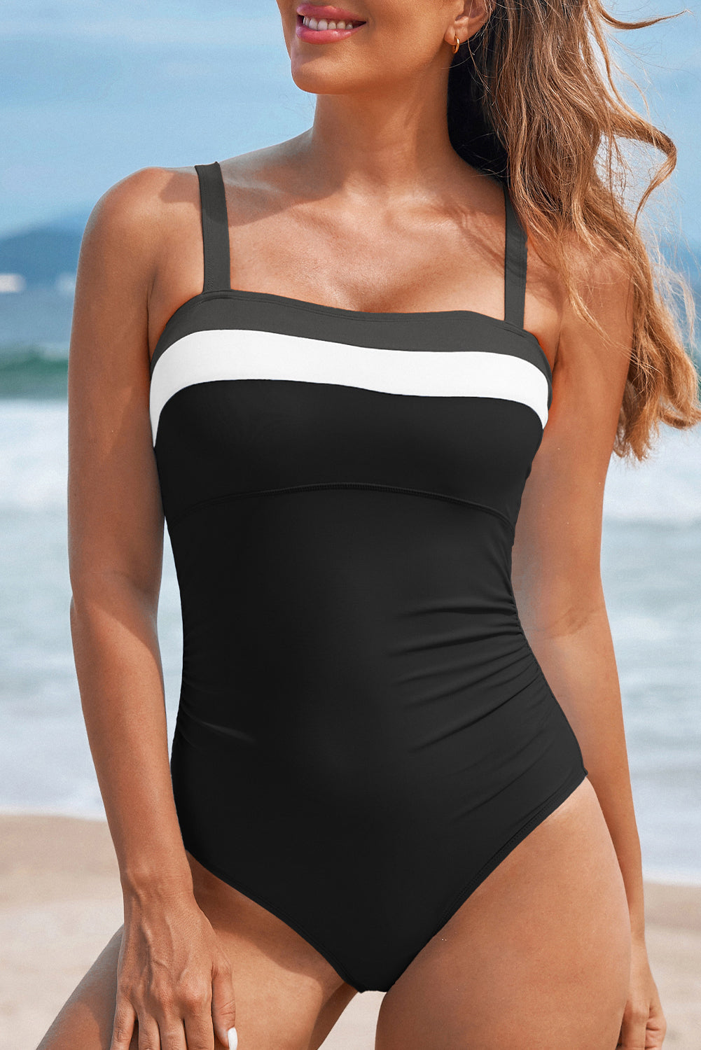 Colorblock Detail Adjustable Straps One Piece Swimsuit in Black