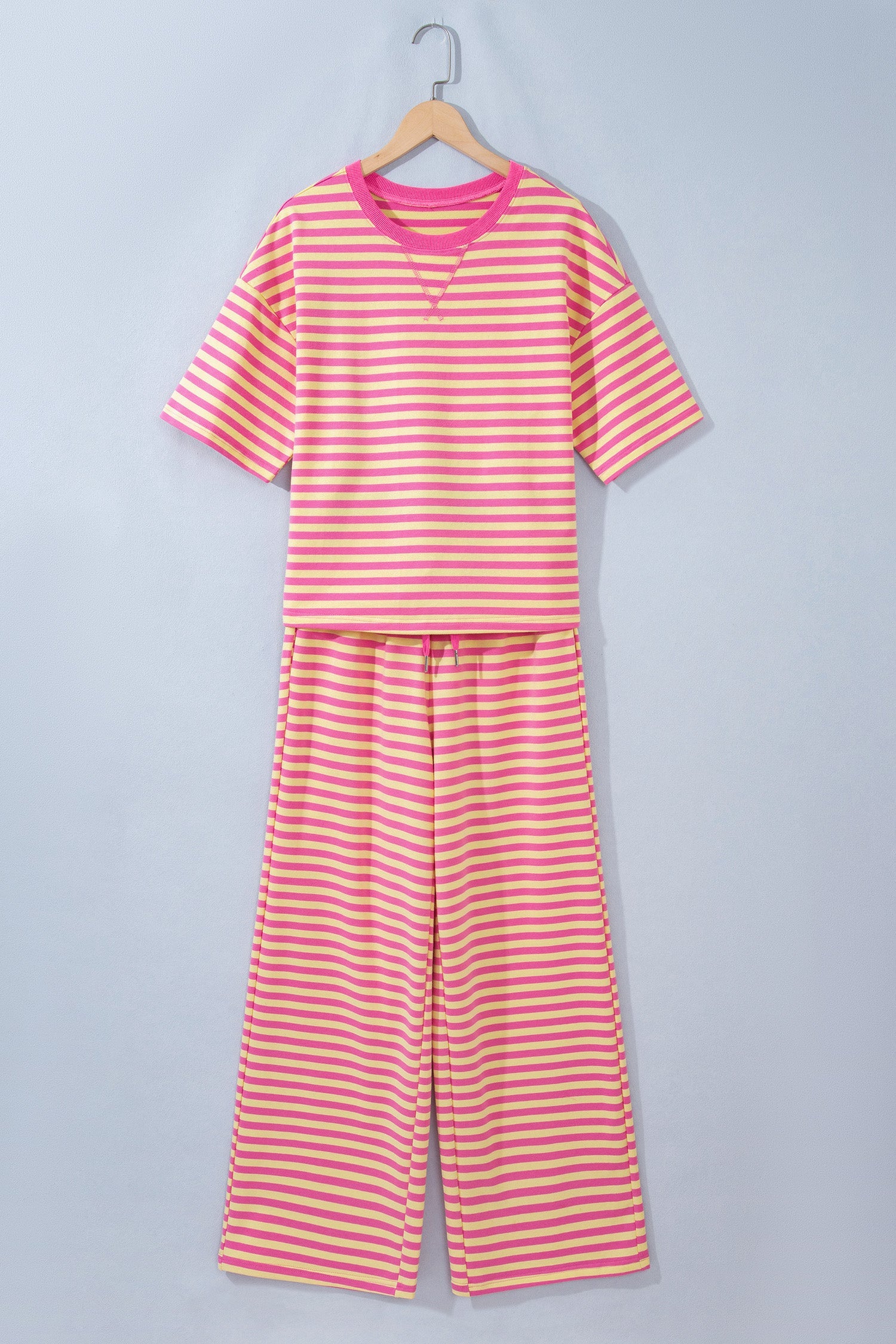 Stripe Colorblock Trim Crew-Neck Loose Tee Drawcord Elastic Waist 2pcs Pant Set in Pink
