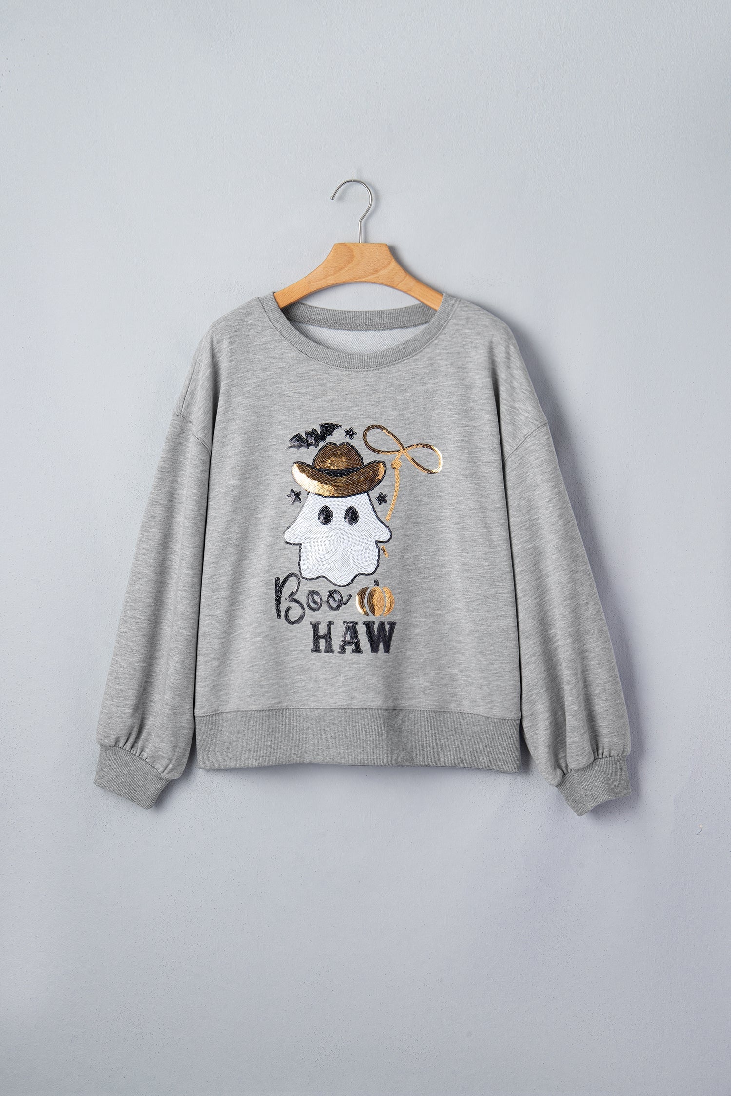 Grey Sequin Medium Sequin Western Ghost Print Sweatshirt