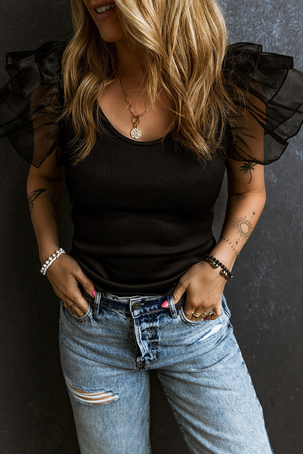 Women's Knit Top Featuring Rib-Knitted Mesh Flutter