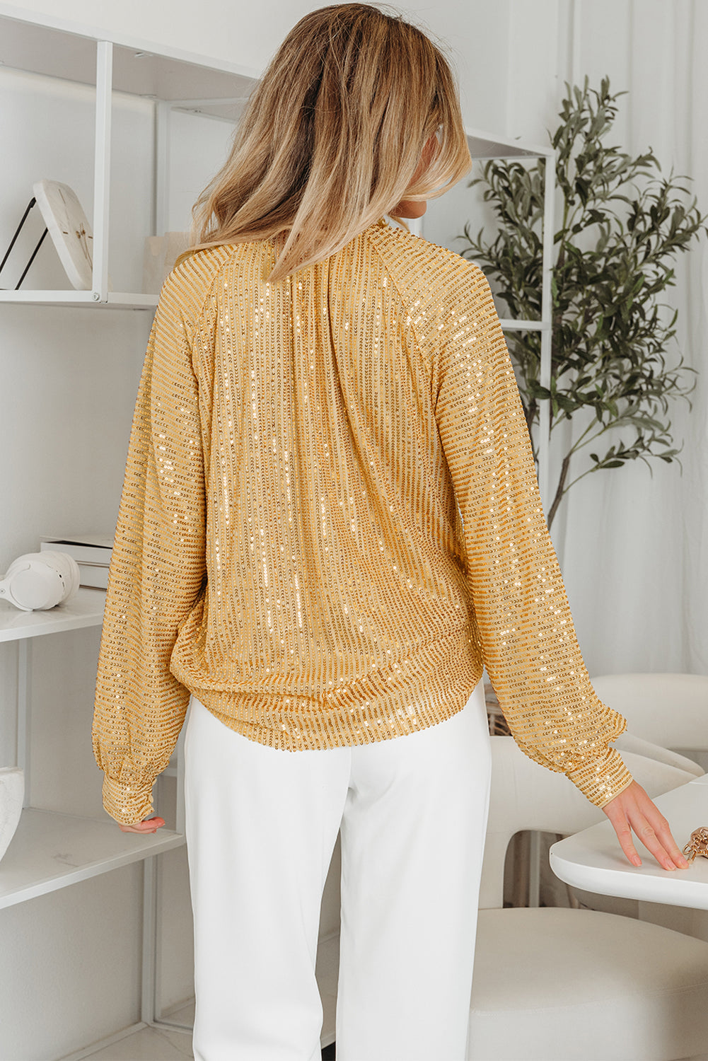 Sleeve Metallic Balloon Button-Front High Neck Loose Blouse