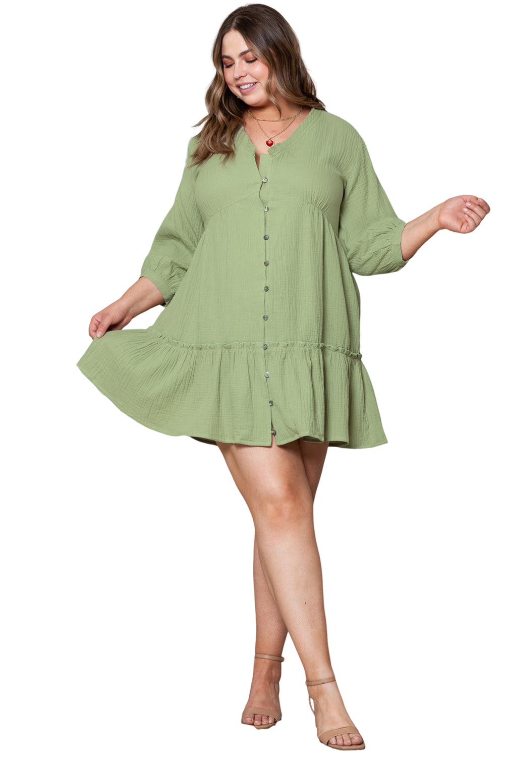 Women's Mini Dress with Ruffle-Trimmed V Neck Plus Size