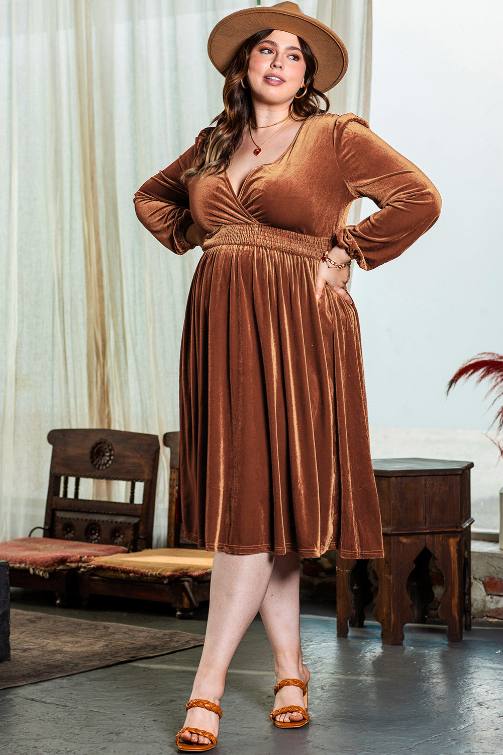 Women's Dress with Balloon Sleeve Velvet Plus Size