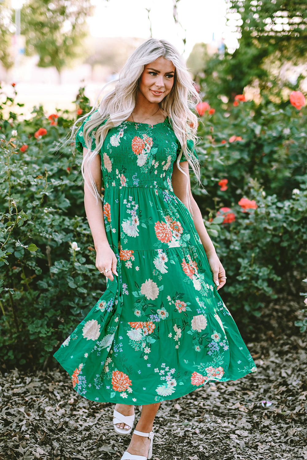Women's Dresses Featuring Print Shirred Layered Midi Floral-Print