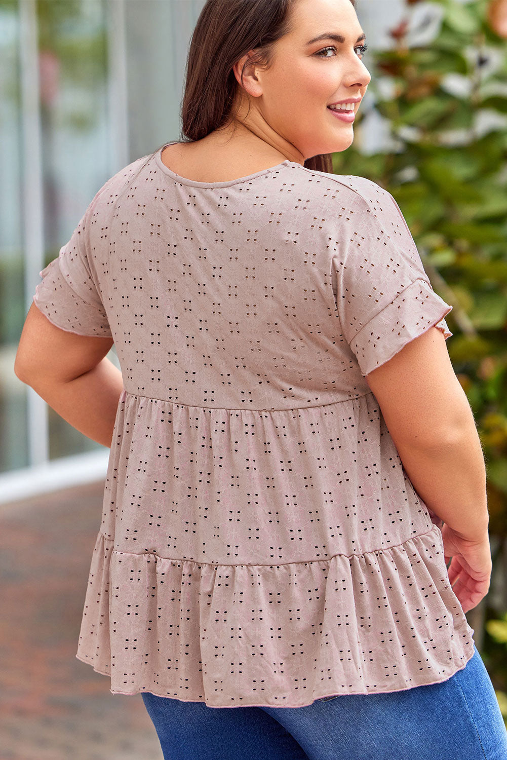 Babydoll Top for Women Plus Size Eyelet Pattern Ruffle-Trimmed Sleeve