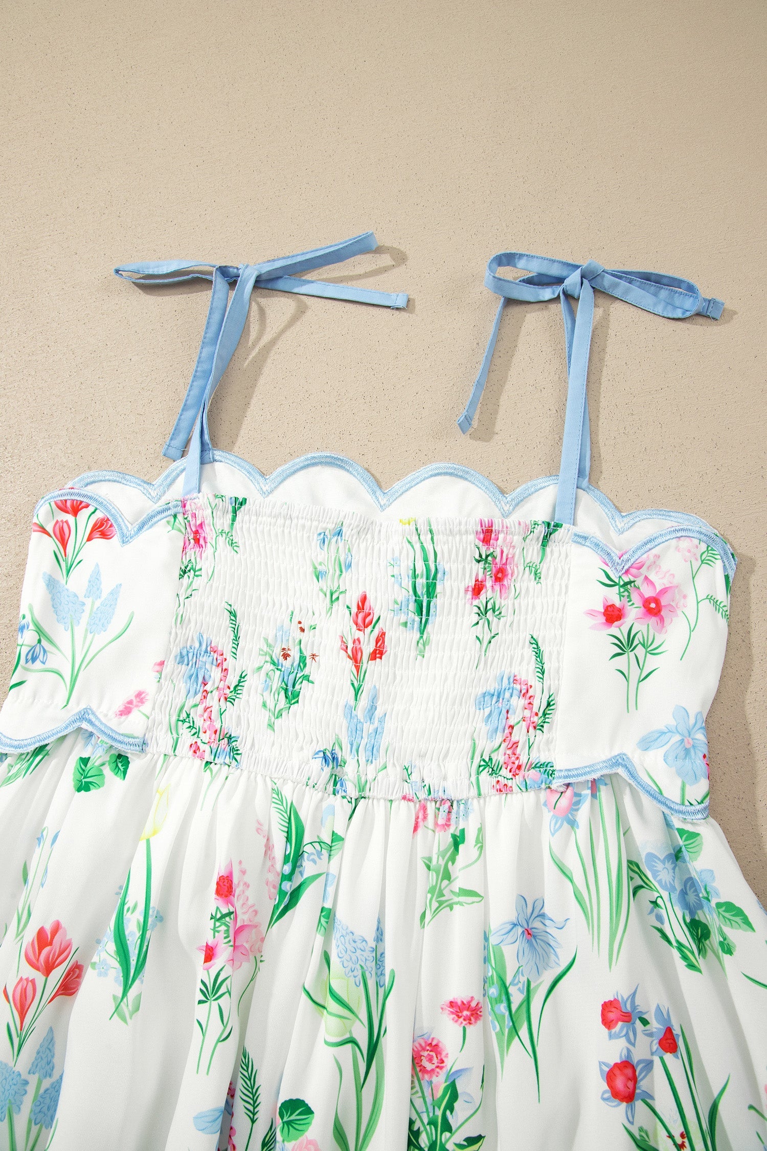 Floral-Print Straps High-Waisted Midi Dress in Beige