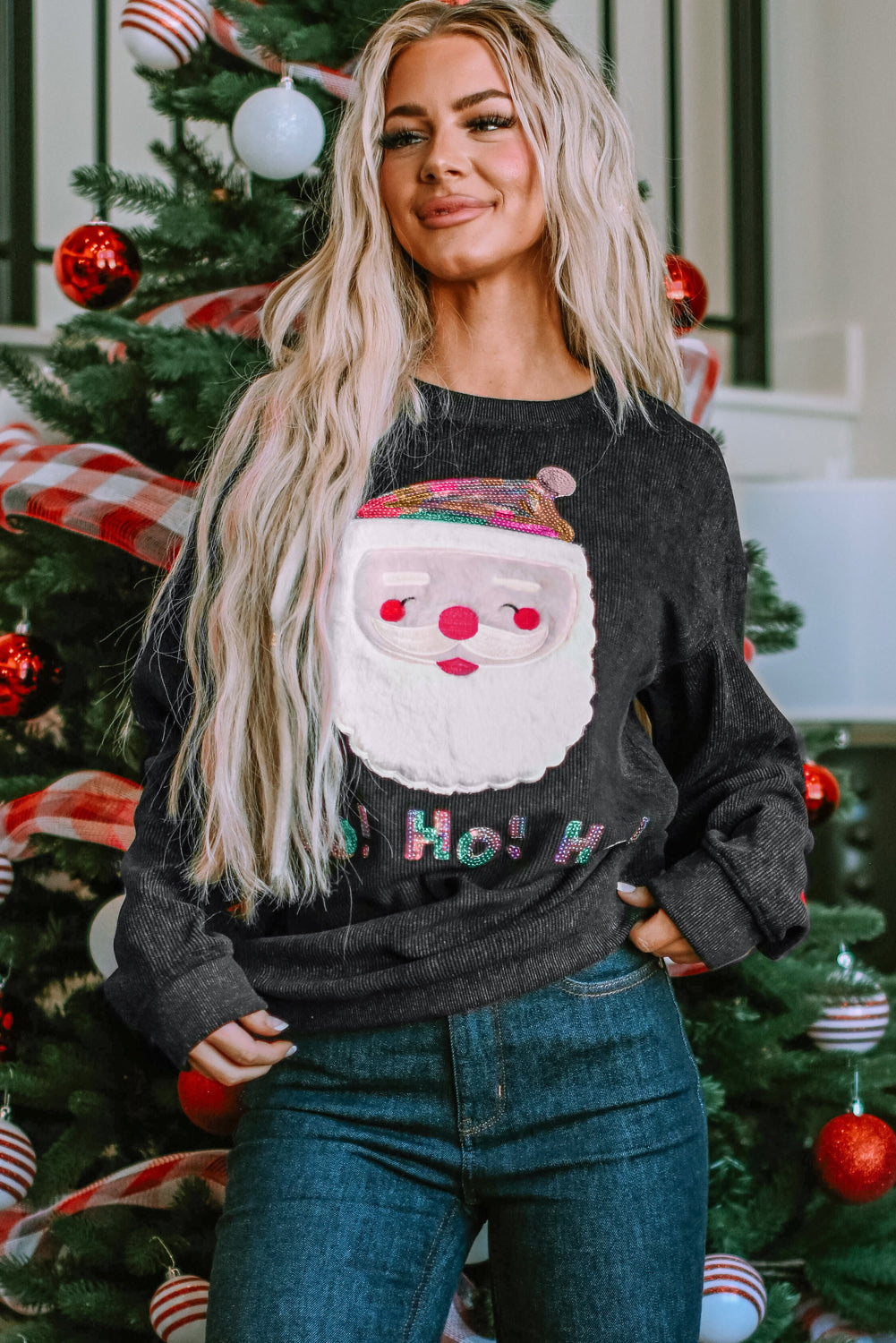 Graphic Sweatshirt for Women Santa Claus Sequin HO HO HO