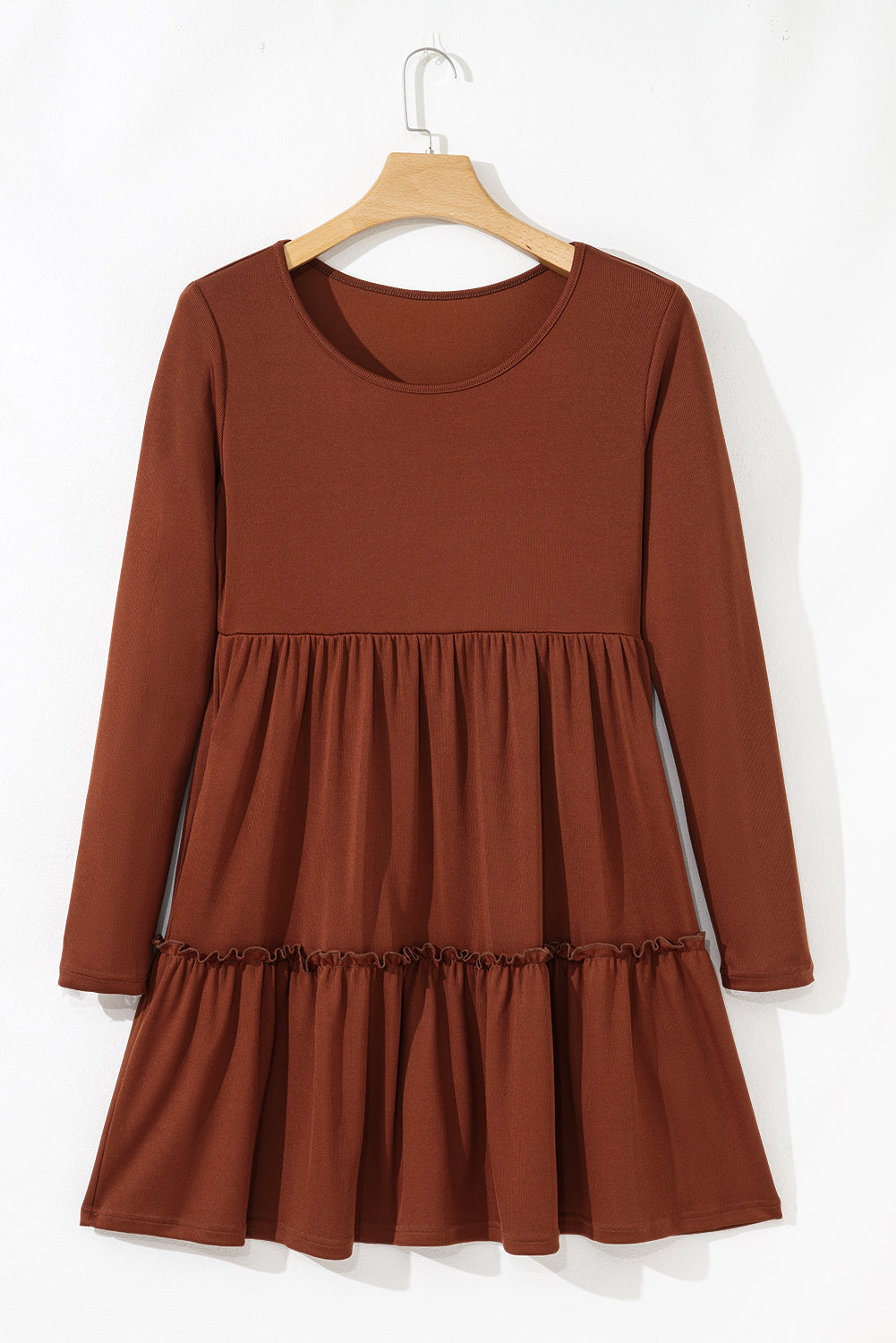 Trim Rib-Knit Frilled High-Waisted Long-Sleeved Mini Dress