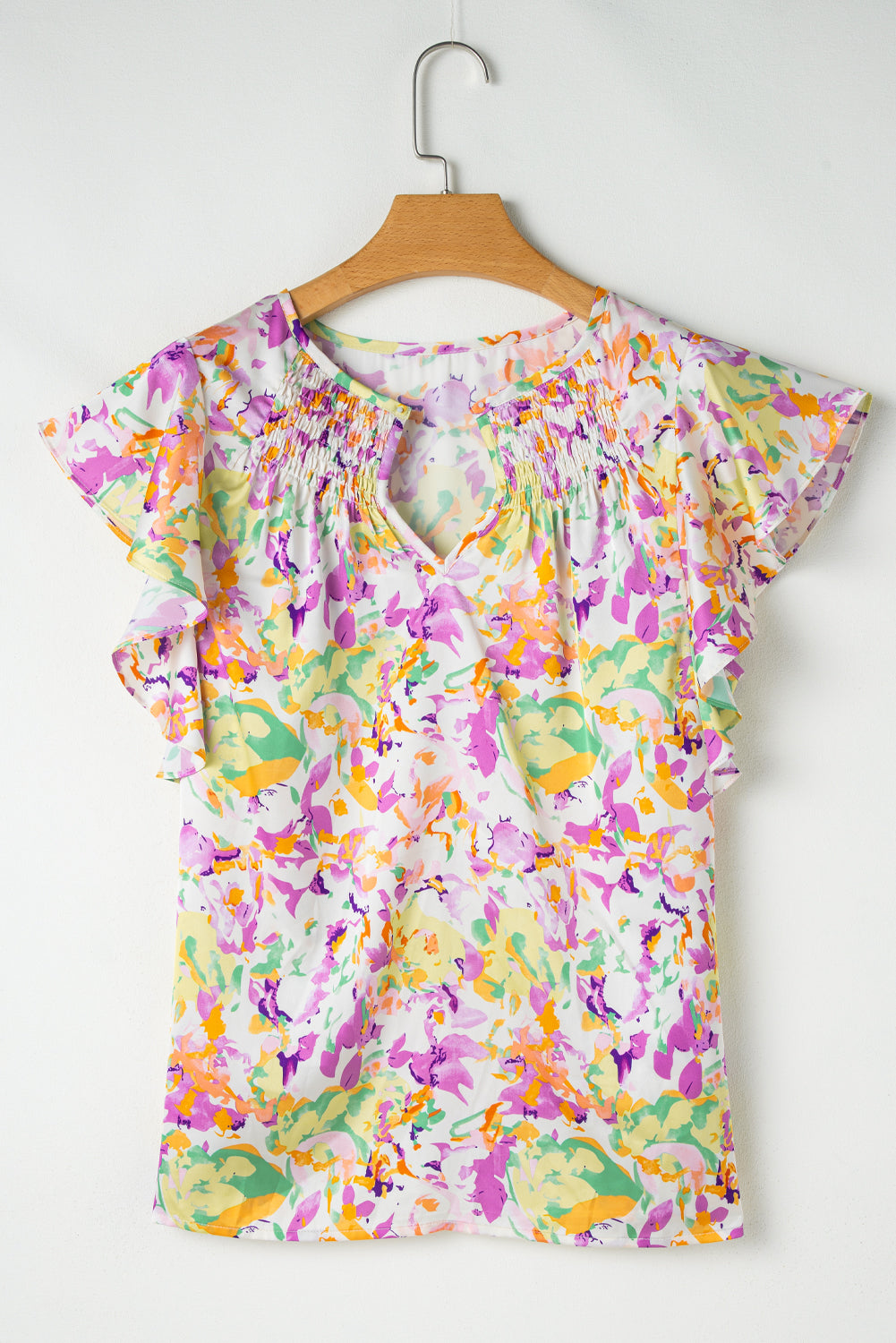 Abstract Printed Ruffled Short Sleeve Notched Neck Blouse