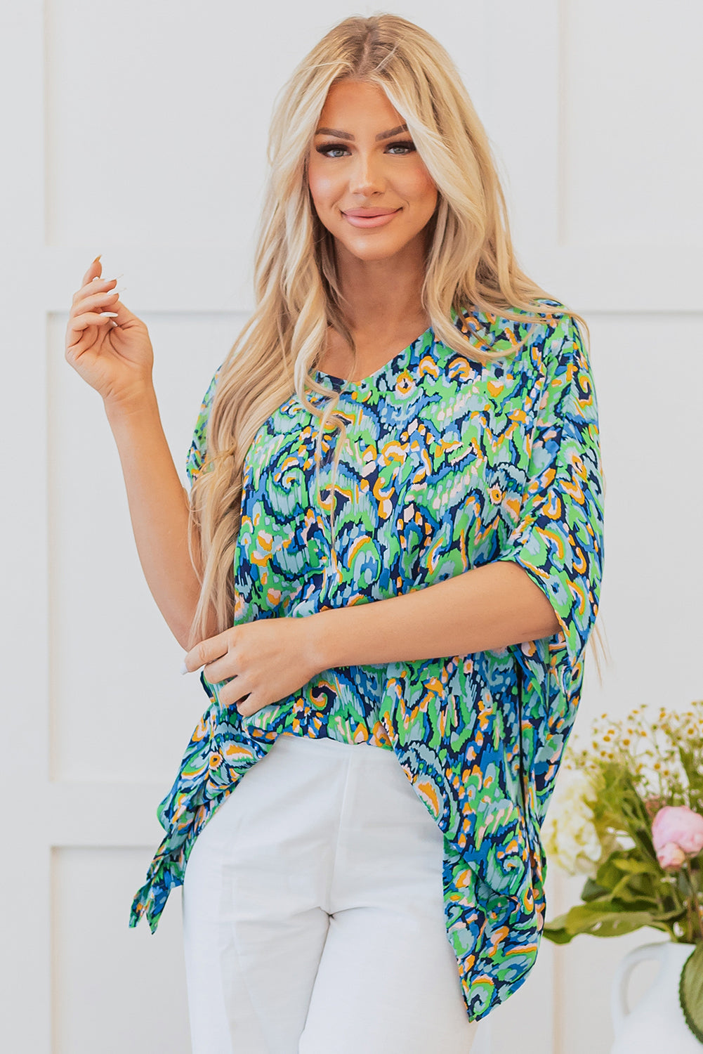 Abstract Print V Neck Half Sleeve Loose Fit Tunic Blouse