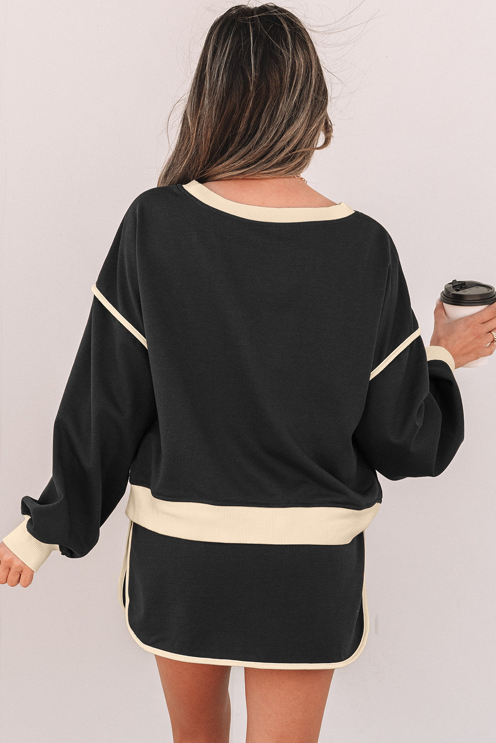 Color Pullover Contrast Loose and Lace-up Waist Skort Set in Black