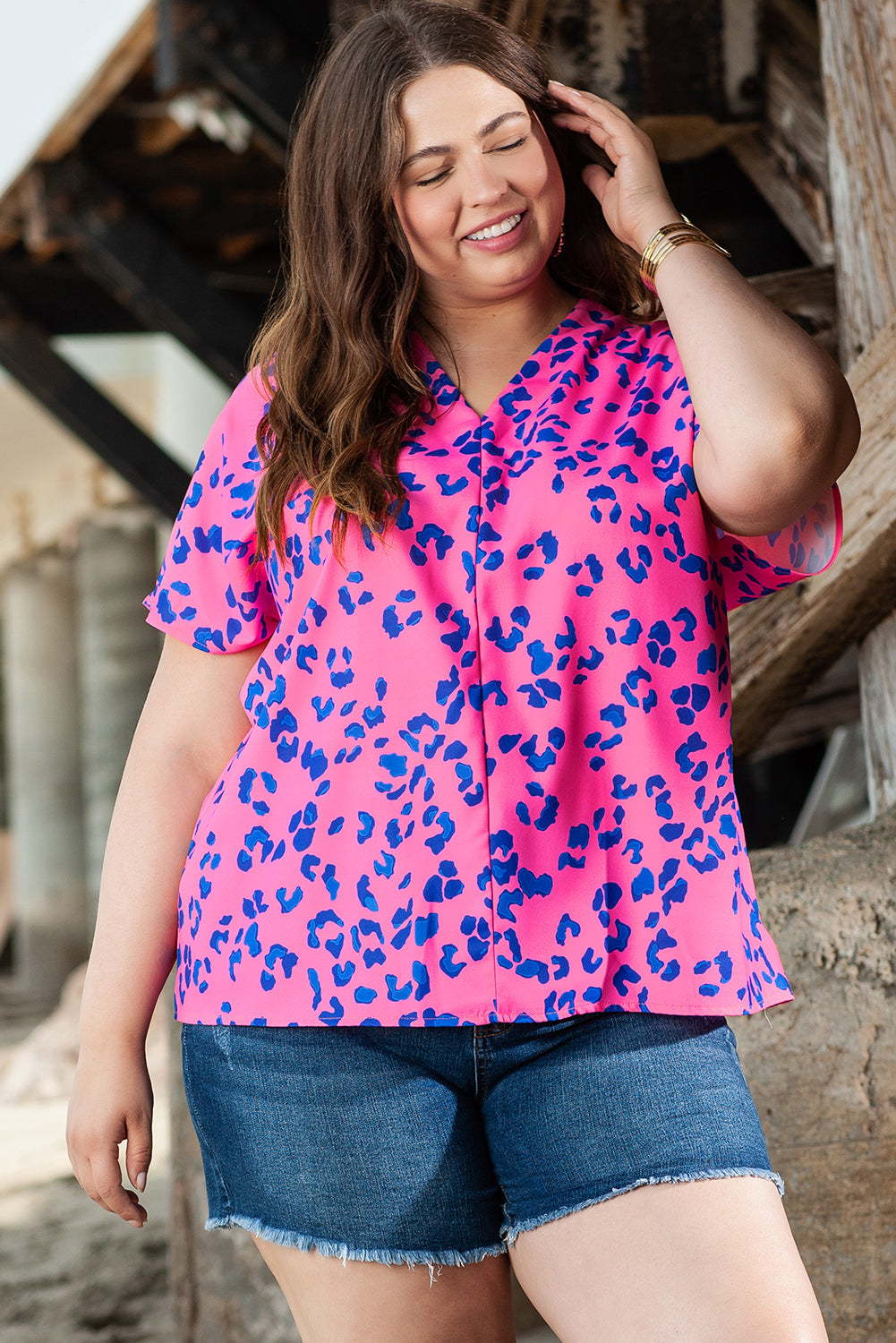 Women's Print Plus Size Contrast Leopard-Print Blouse