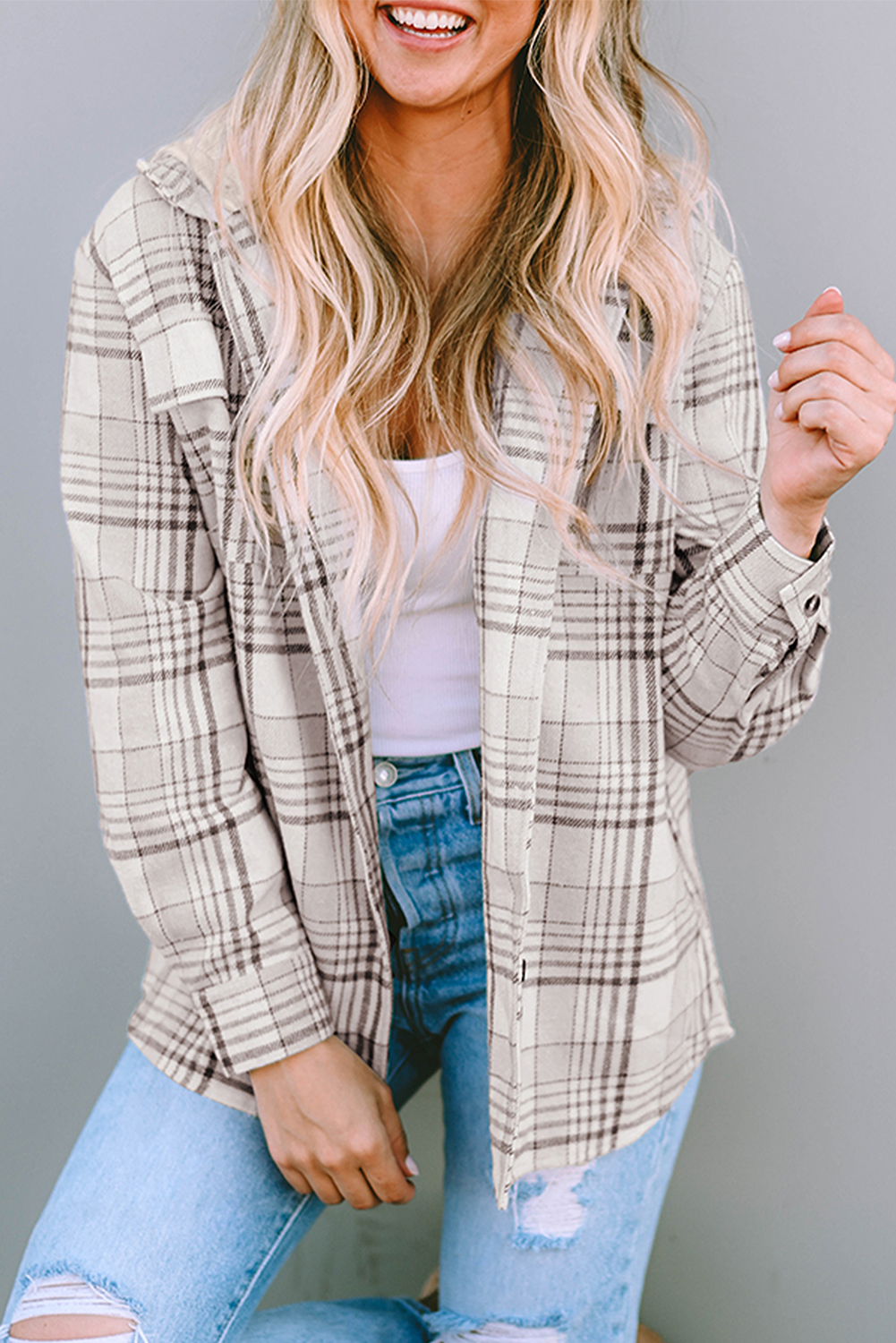 Women's Shacket Featuring Button-Front Plaid Hood