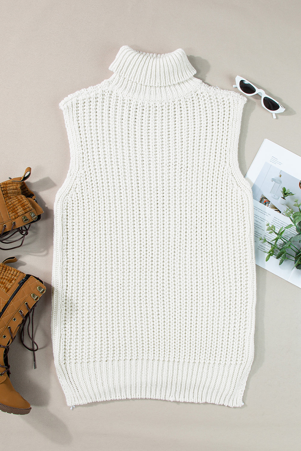Women's Vest with Knitted Slit Hem Sweater Turtleneck