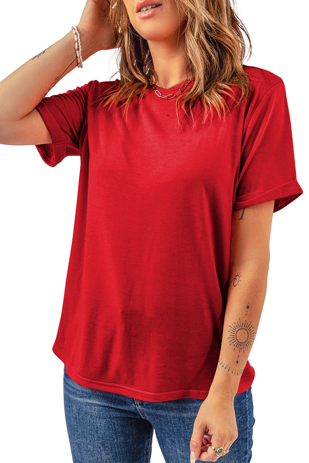 Women's Tee with Red Everyday Plain Crew Neck