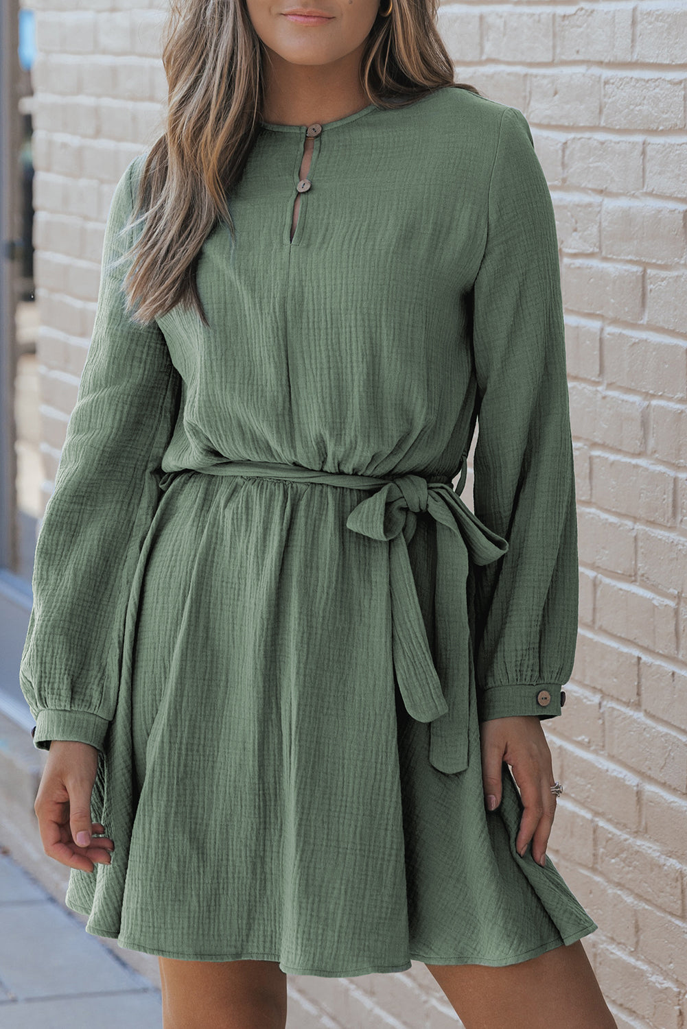 Women's Mini Dress with Button Neck Belted Pleat-Detail
