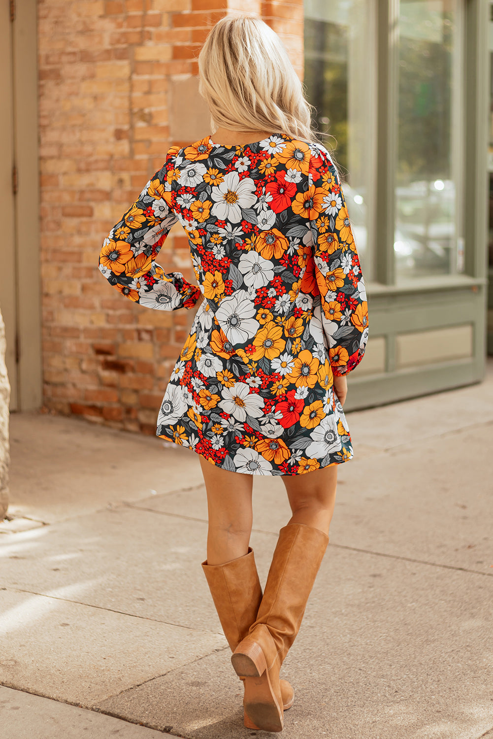 Floral-Print Striped Lace V-Neck Long-Sleeved Mini Dress