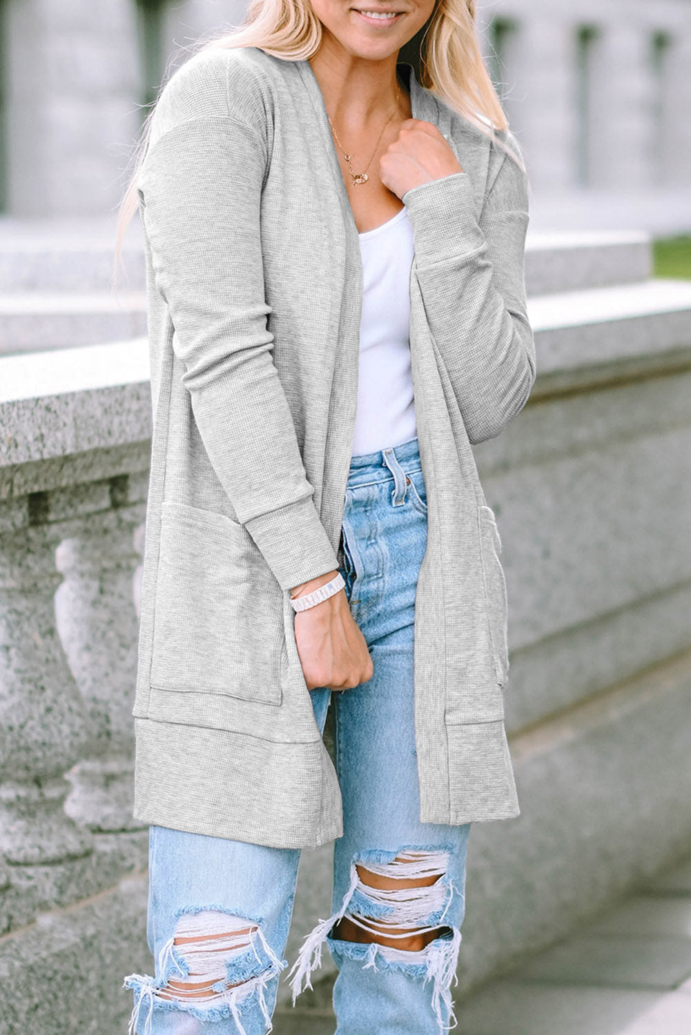 Women's Knit Cardigan with Thermal Waffle