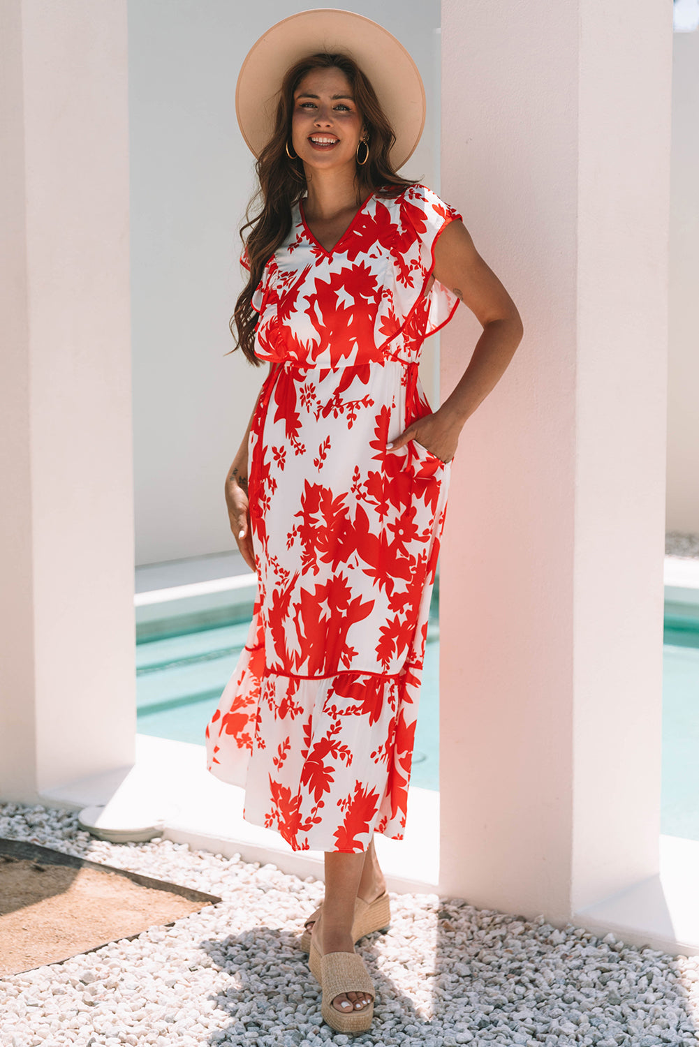 Floral-Print Ruffle Trimmed V-Neck Sleeve Long Dress