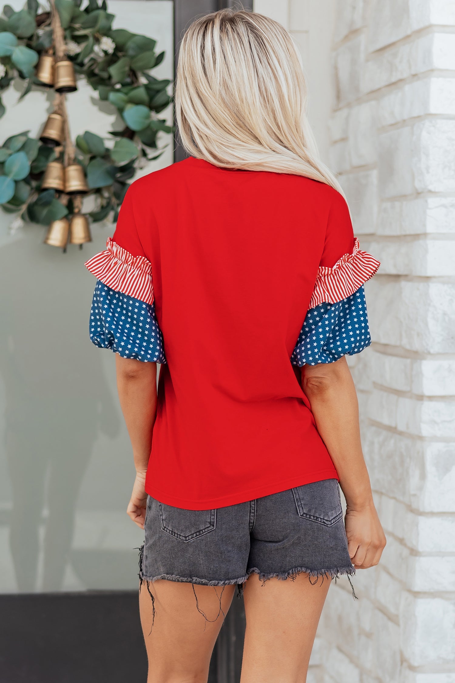 Stars Stripes Short Puff Sleeve Top in Red