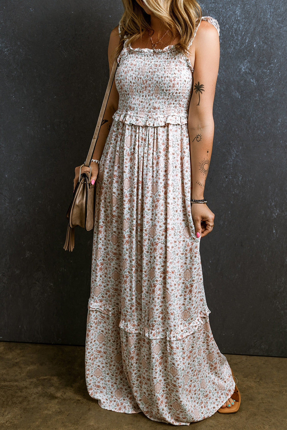 Women's Maxi Dress with Lace-Trimmed Straps Shirred Floral-Print