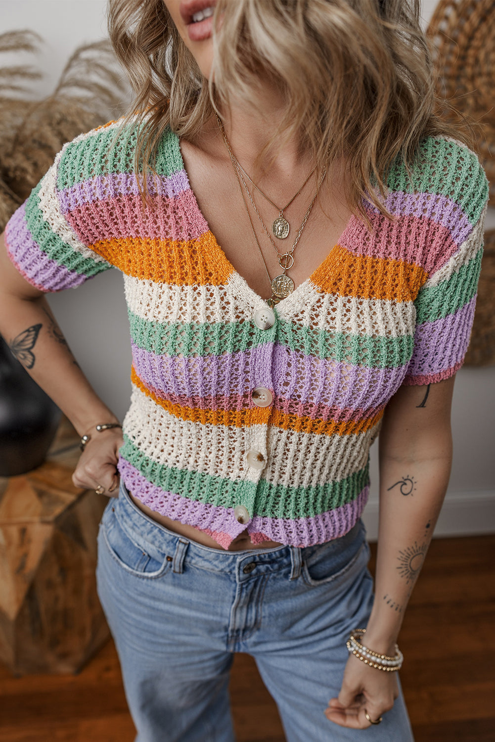 Pointelle Colorblock Striped Knit V-Neck Button-Front Crop Short-Sleeved Knit Top