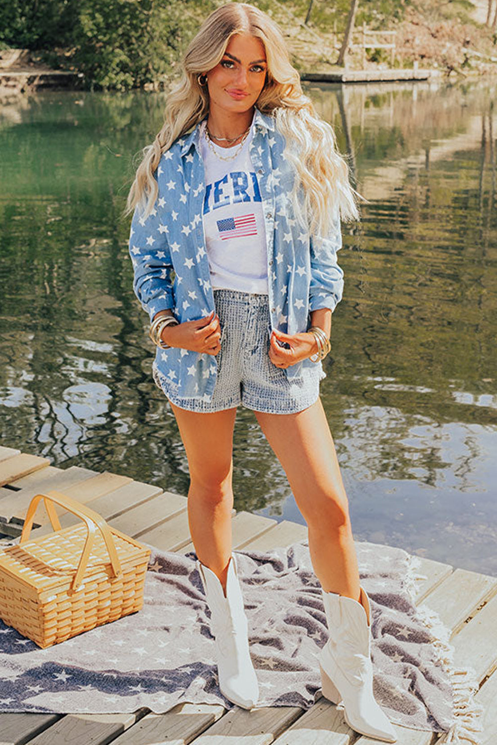 Star Pattern Light Wash Raw Hem Denim Jacket