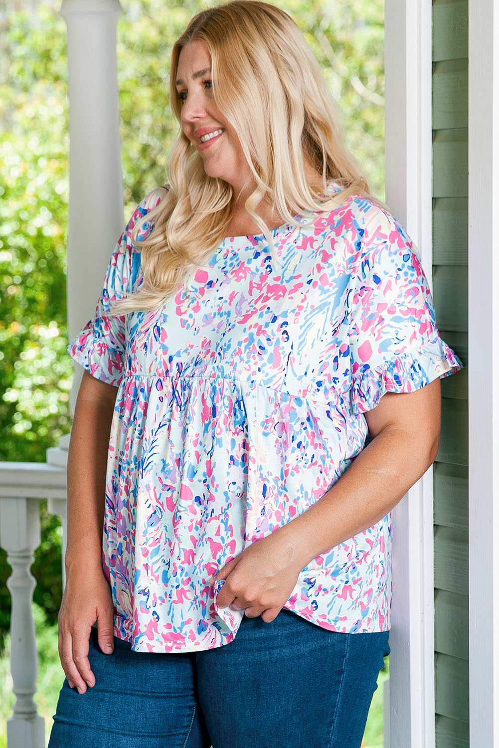 Women's Top with Vibrant Botanical Frill Plus Size