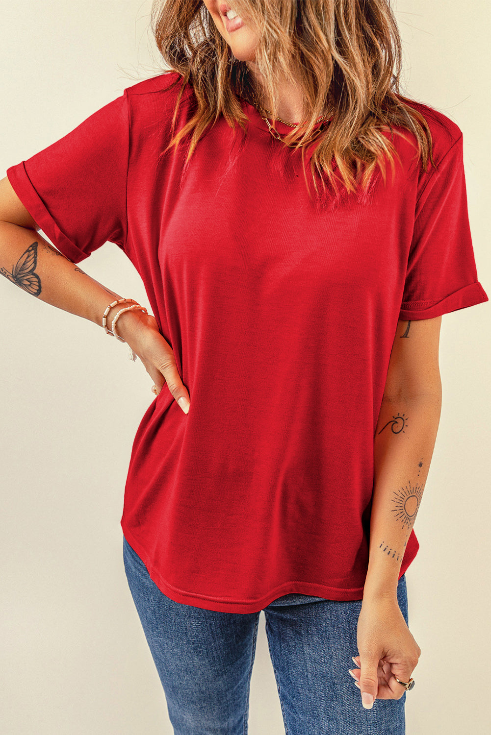 Women's Tee with Red Everyday Plain Crew Neck