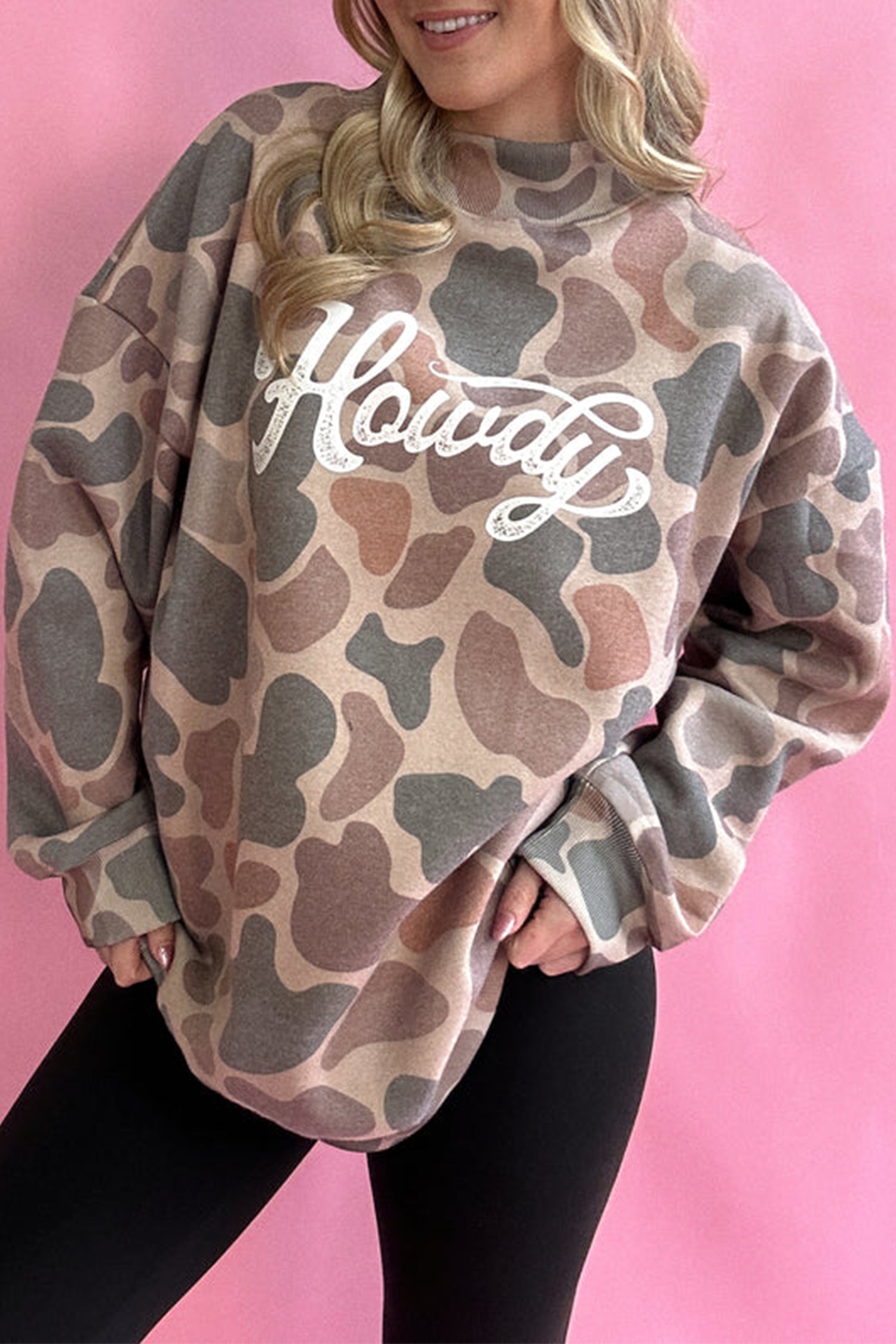 Camo Western Print Howdy Style Baggy Pullover Sweatshirt in Multicolour