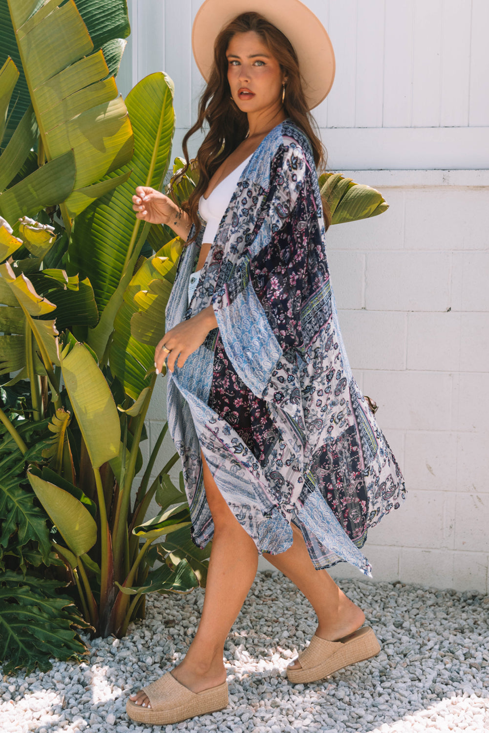 Long Retro Floral-Print Loose Open-Front Kimono in Blue