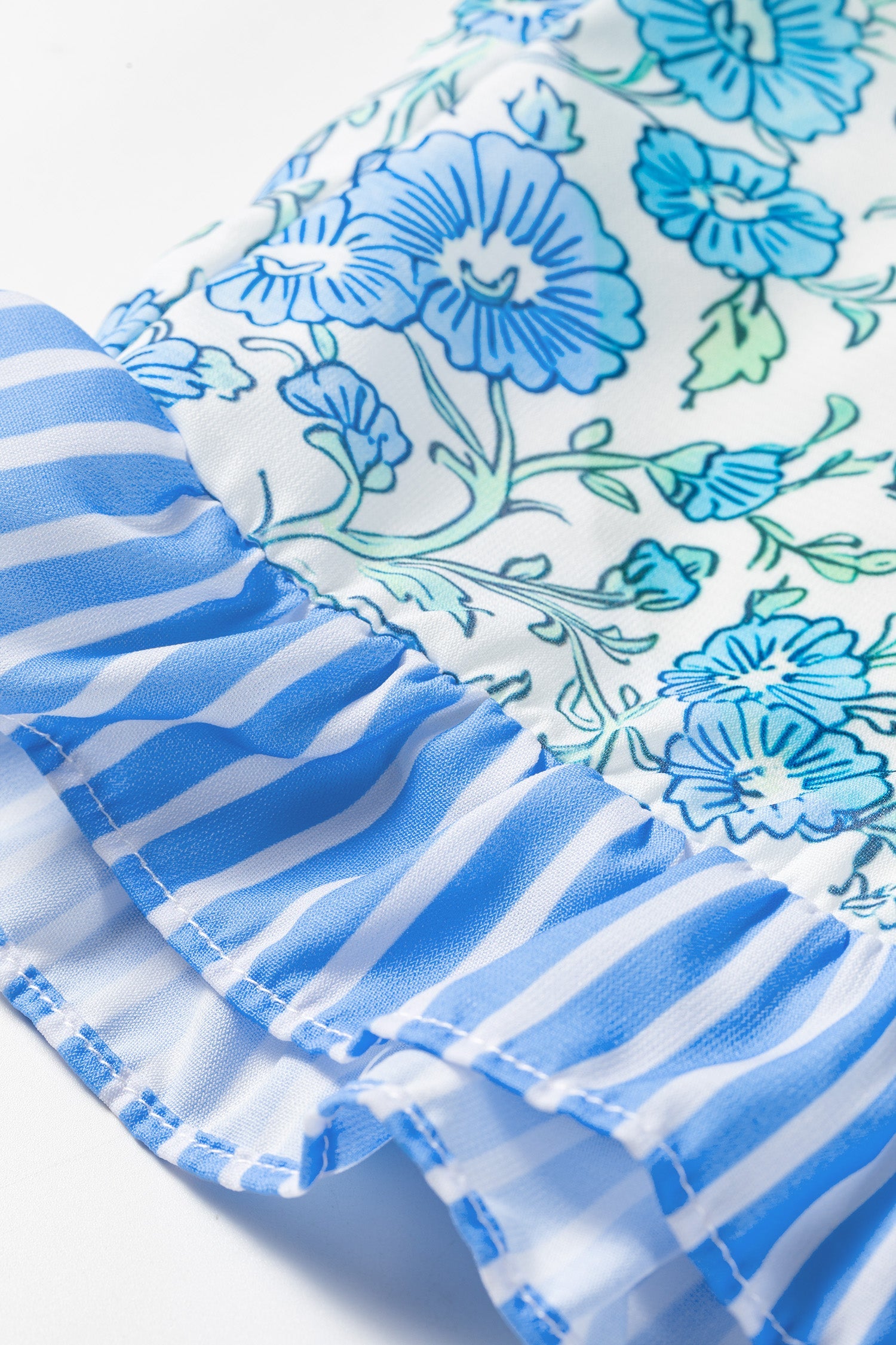 Floral Striped Summer Striped Ruffle Hem Lace Tie Shorts in Sky Blue