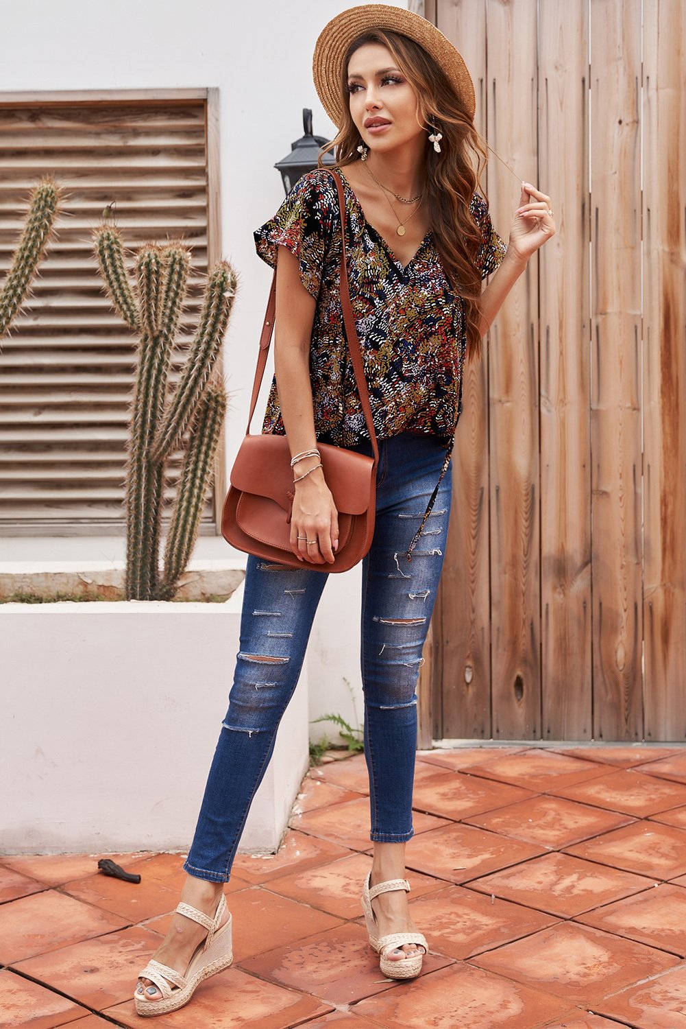 Women's Multicolor Fashion Print Fantasy Fluttering V-neck Short-Sleeve Blouse