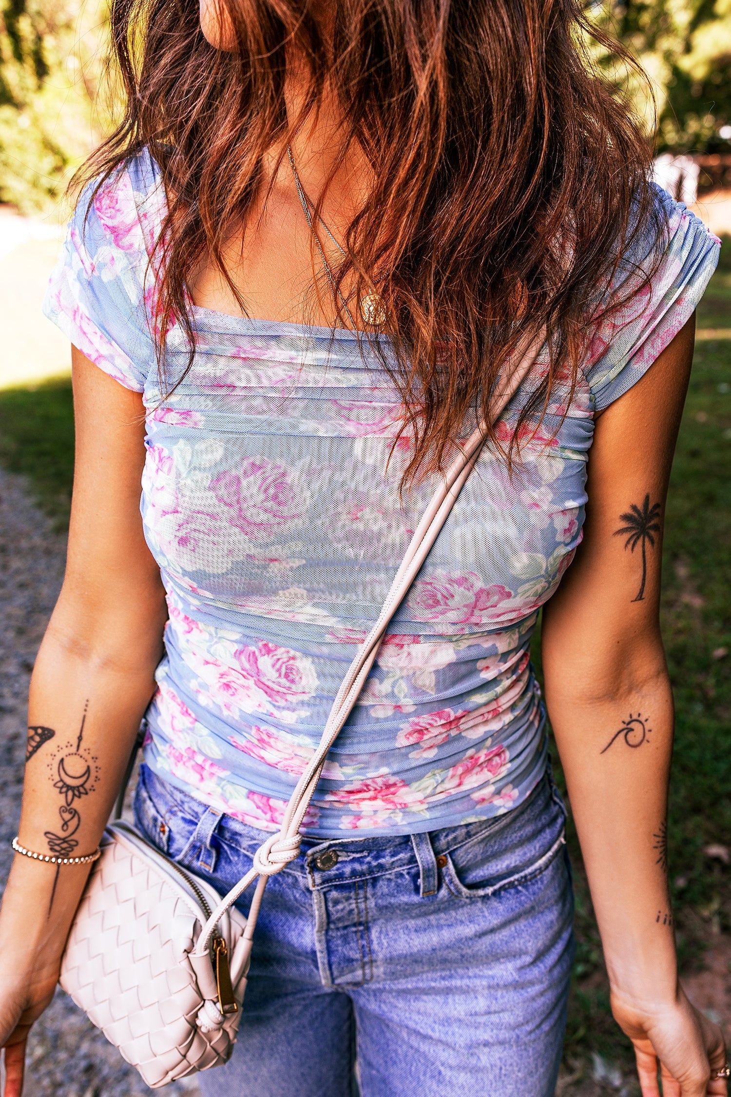 Neck Cap Square Cap Sleeve Ruched Floral Mesh Top